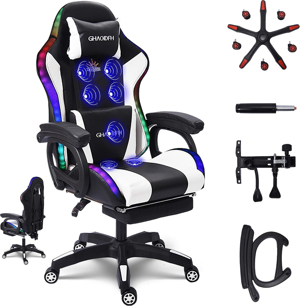 Gaming Chair with LED Lights and Speakers, Ergonomic Gaming Chair with Massage and Footrest,Comfortable Computer Reclining with Headrest and Lumbar Support,Video Game Chair for Adults Kids.,W