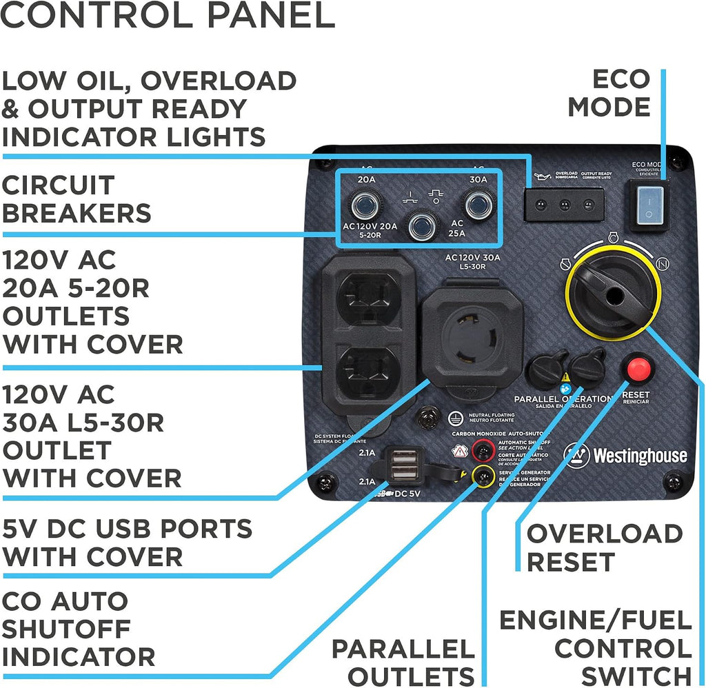 Westinghouse Outdoor Power Equipment 3700 Peak Watt Super Quiet Portable Inverter Generator, Wheel & Handle Kit, RV Ready 30A Outlet, Gas Powered, CO Sensor, Parallel Cord Included