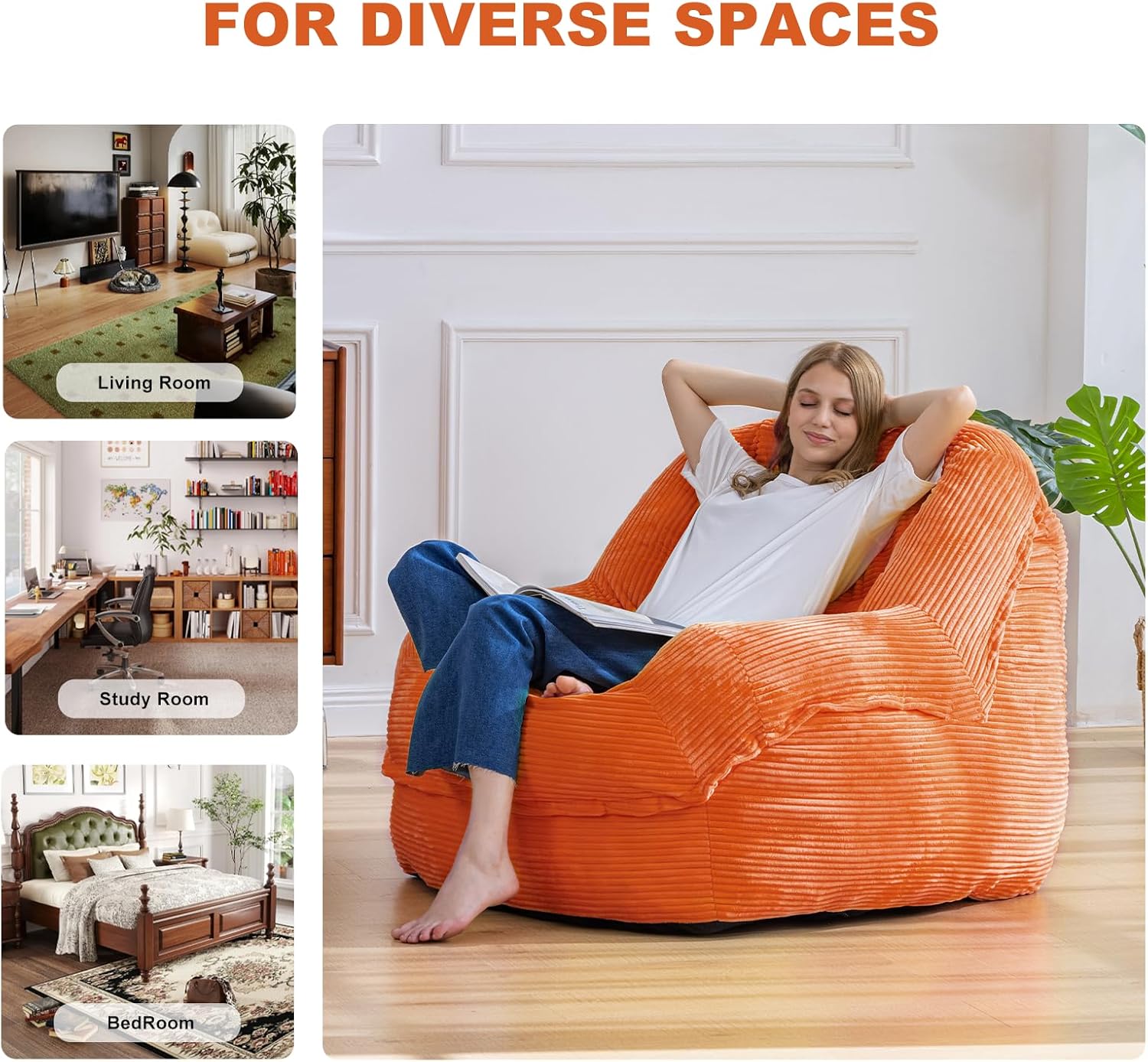 Giant Bean Bag Chair with Armrests - Oversized Cozy Seating for Adults, Corduroy Fabric & High - Density Foam Filling, Ideal Lounge for Living Room, Bedroom & Gaming Room (Orange)