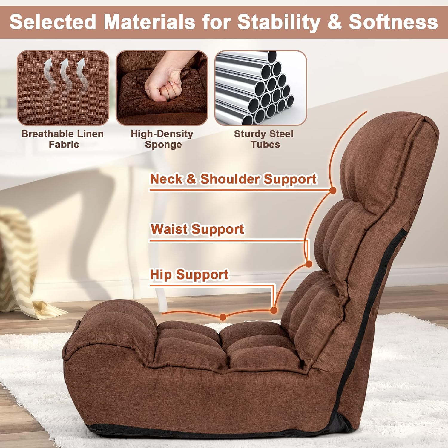 COSTWAY Folding Floor Lounge Chair, Floor Gaming Chair with 5-Position Adjustable Head & 4-Position Adjustable Backrest, Indoor Lazy Sofa Recliner for Bedroom, Living Room (Brown)