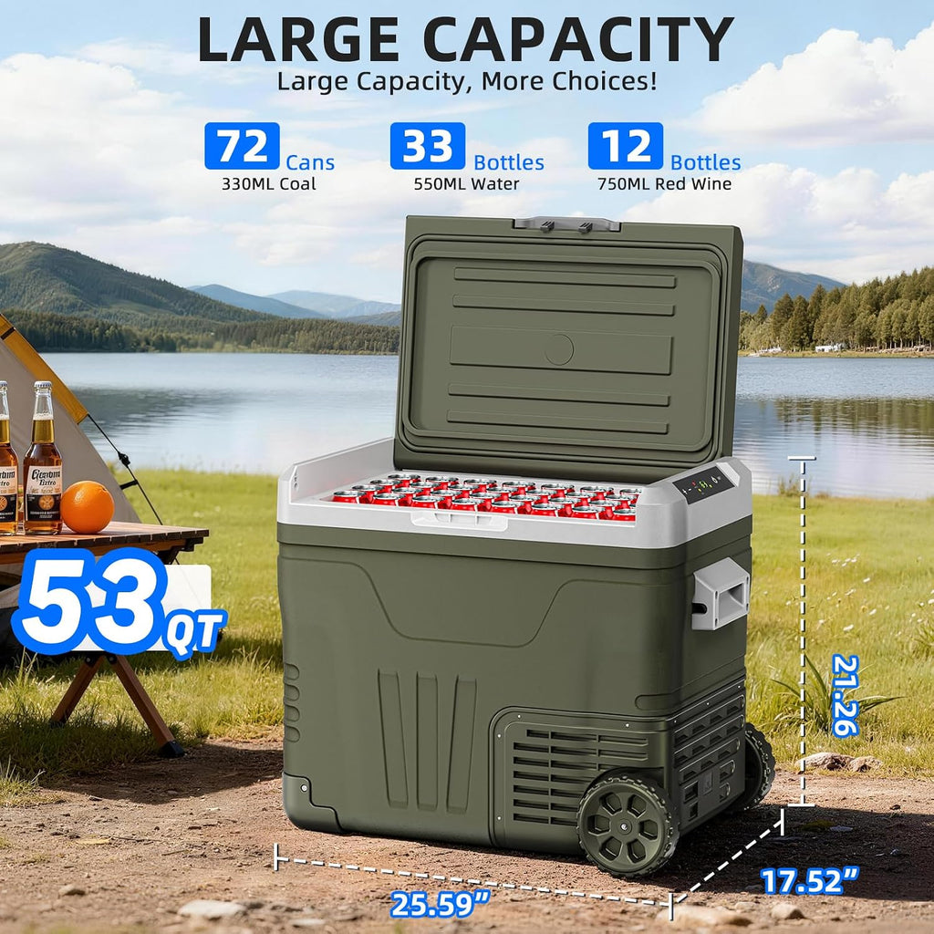 Antarctic Star 12 Volt Refrigerator 53QT(50L) Compressor Electric Cooler, Car Fridge -4℉~68℉, Portable Freezer 12V/24V DC 100-240V AC, 12V Cooler with Wheels & Handle for Travel,Camping,Truck, Green