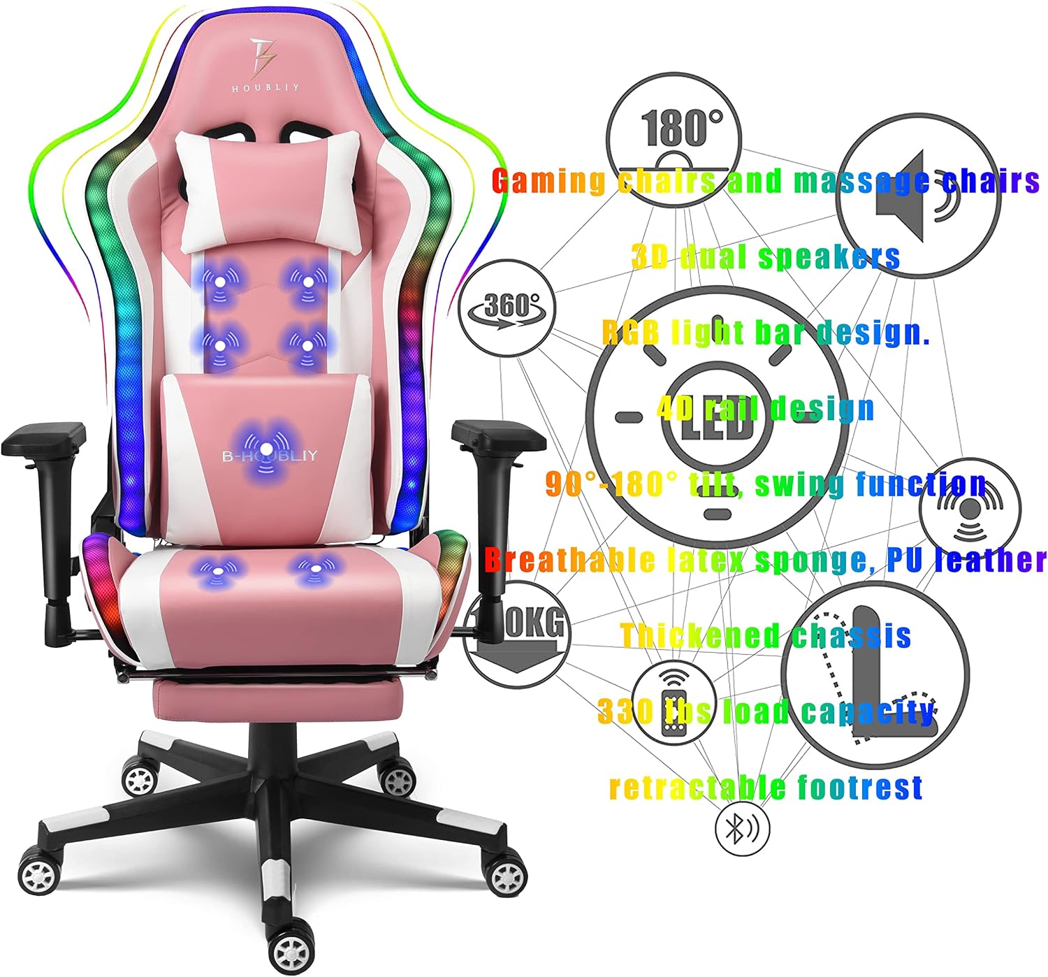 PC and Racing Game Chair,Massage Gaming Chair with Speakers, Ergonomic Chair with Headrest and Lumbar Support,Music Video Chair for Adults with RGB Light and Footrest,Backrest Adjustable.,Pin