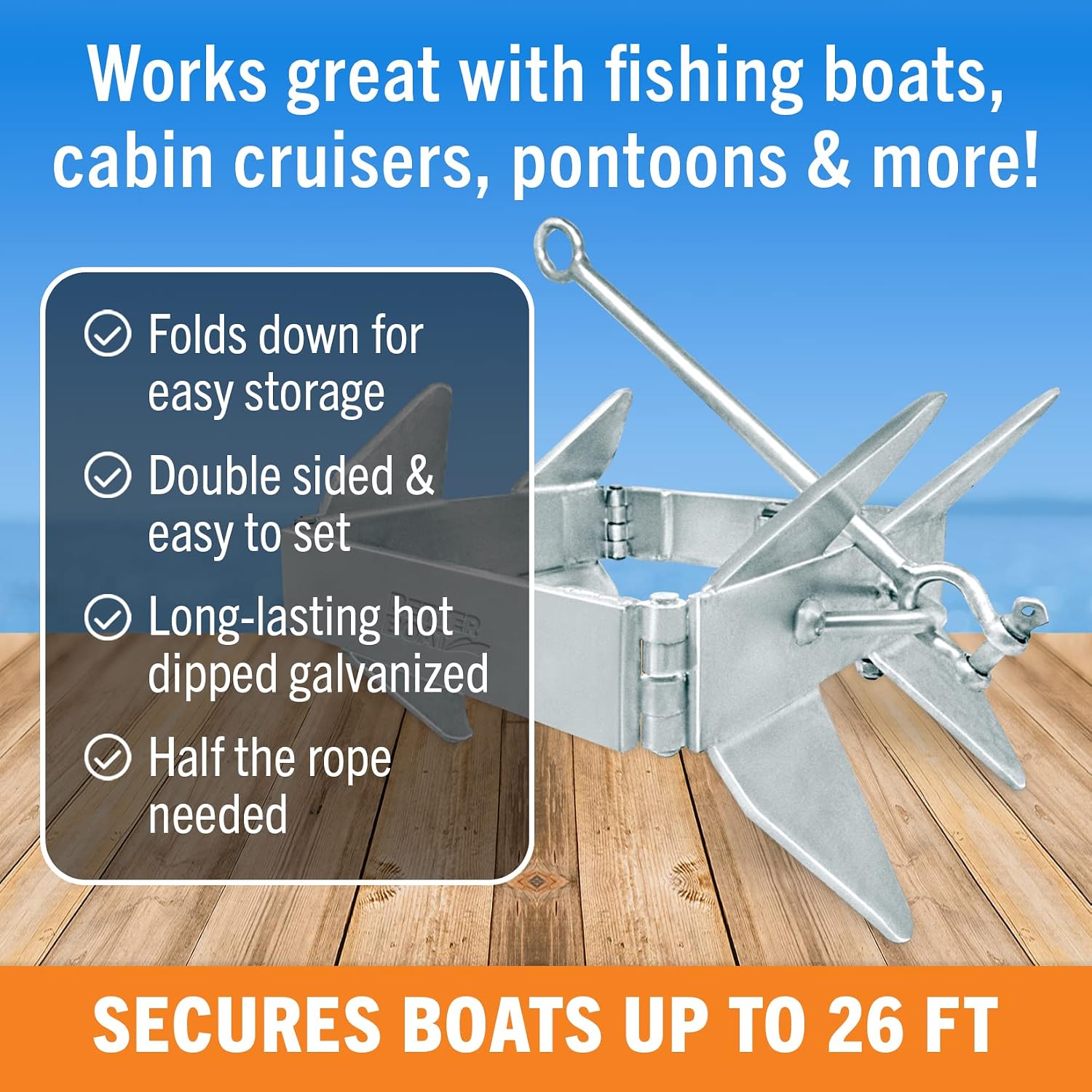 Better Boat Box Anchor for Boats, Folding Boat Anchor Hot Dip Galvanized, Double Sided Slide Anchor for Pontoon Fishing and Cabin Cruiser, Multiple Sizes