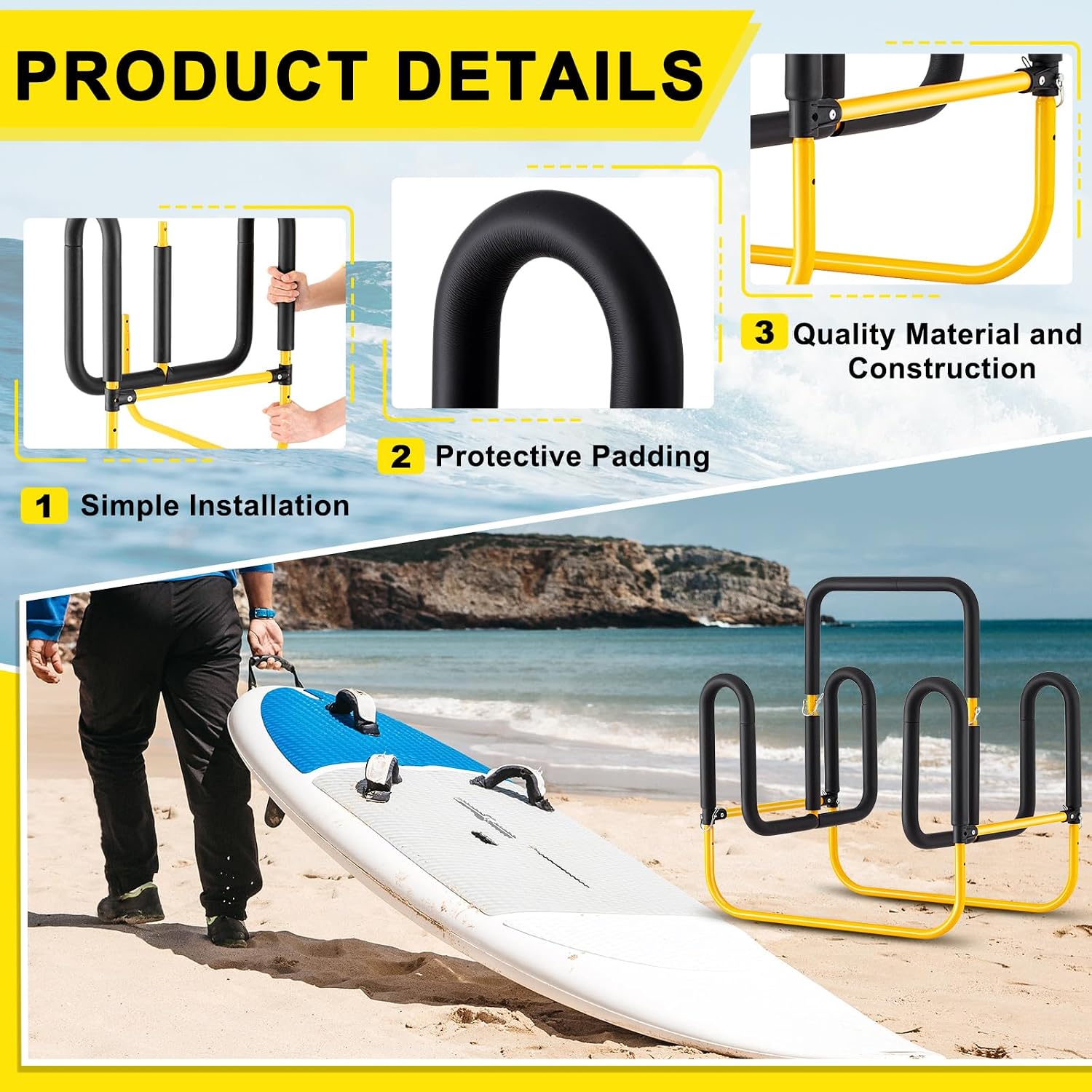 Gisafai Double Up Sup Stand, Holds 2 Standing up Paddle Boards, Freestanding Paddleboard Dock Storage Rack Heavy Duty Metal Surfboard Stand Paddle Board Holder for Floor Outdoor Garage, Yellow