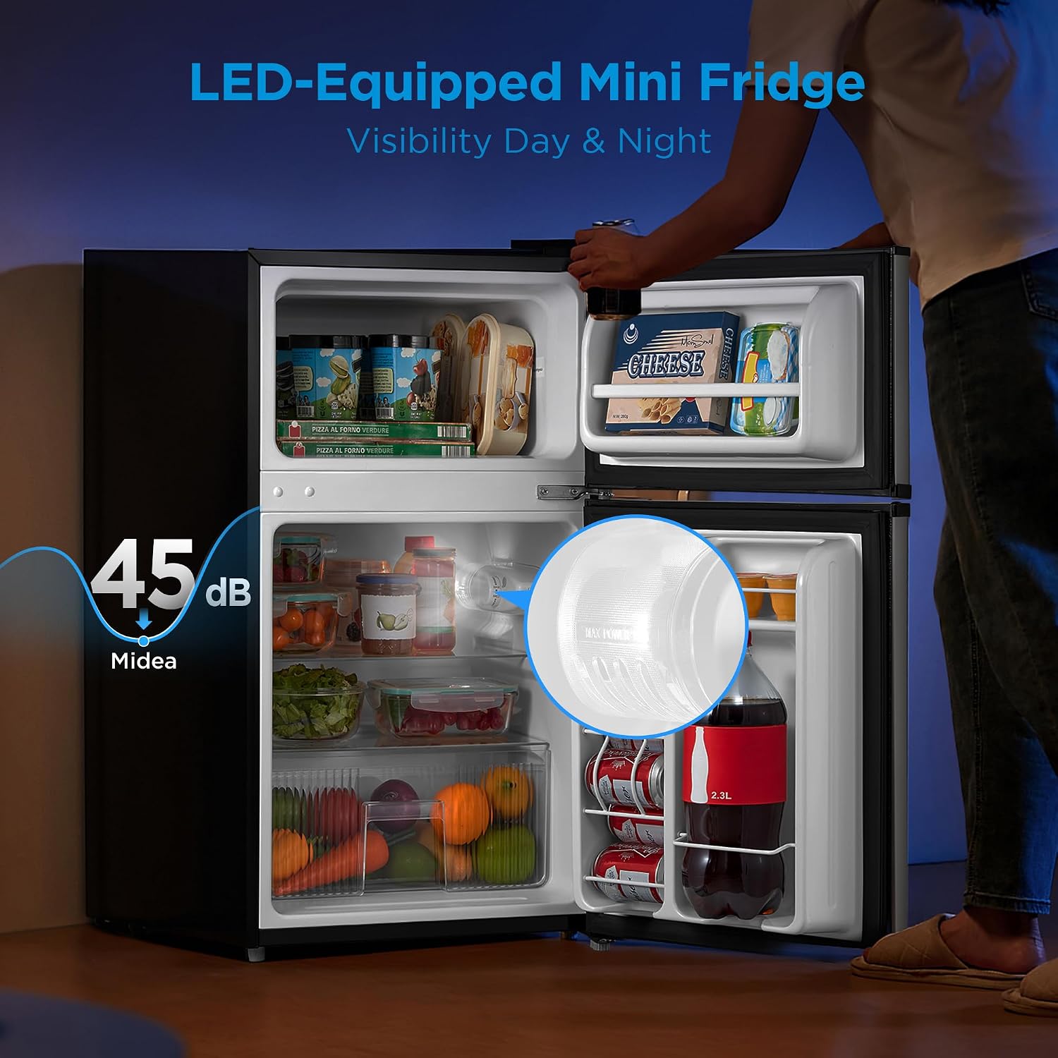 Midea WHD-113FSS1 Double Door Mini Fridge with Freezer for Bedroom Office or Dorm with Adjustable Remove Glass Shelves Compact Refrigerator, 3.1 cu ft, Stainless Steel