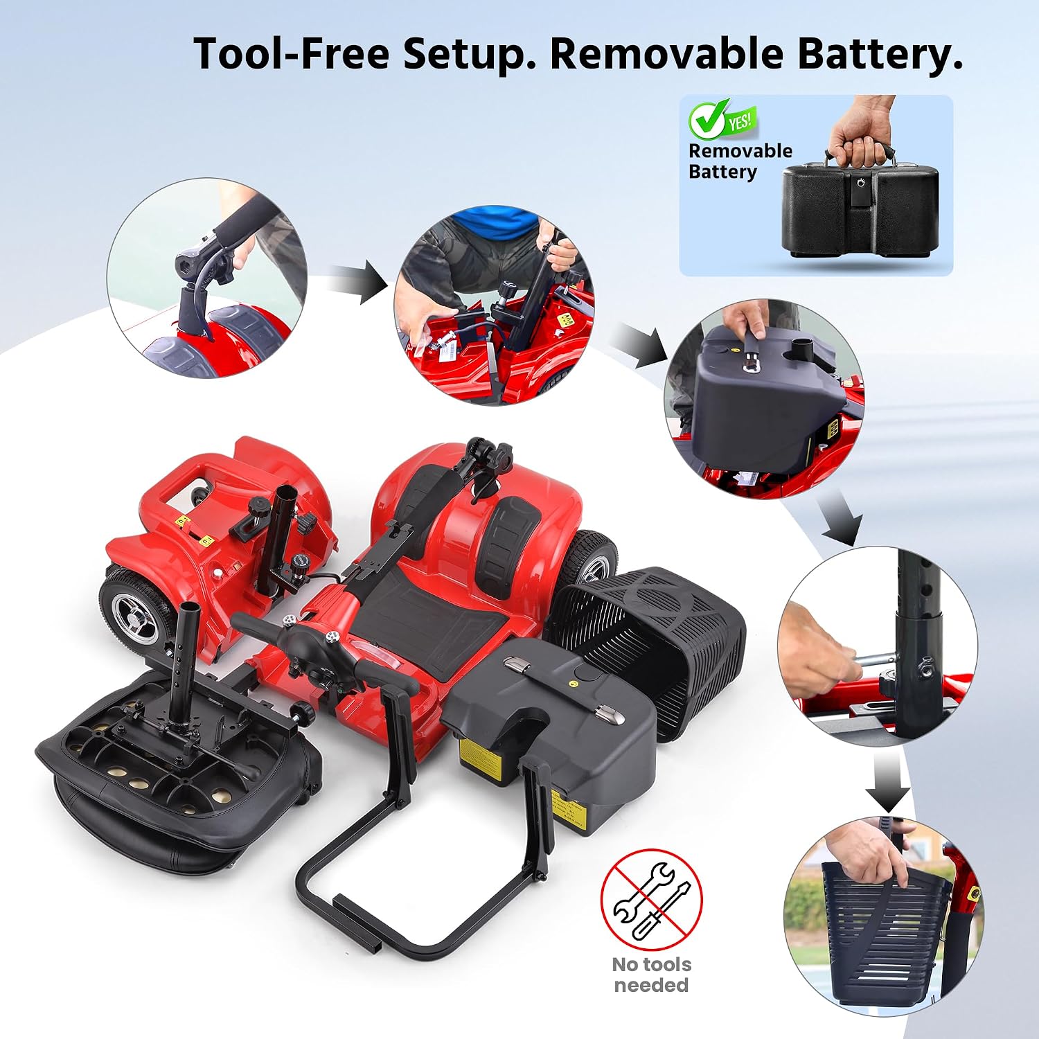 Mobility Scooter for Adults, Senior, 4 Wheels Electric Powered Chargeable Device for Travel, Lightweight and Portable, with LED Headlights and Basket, Charger Included, Red/Blue (RED red)