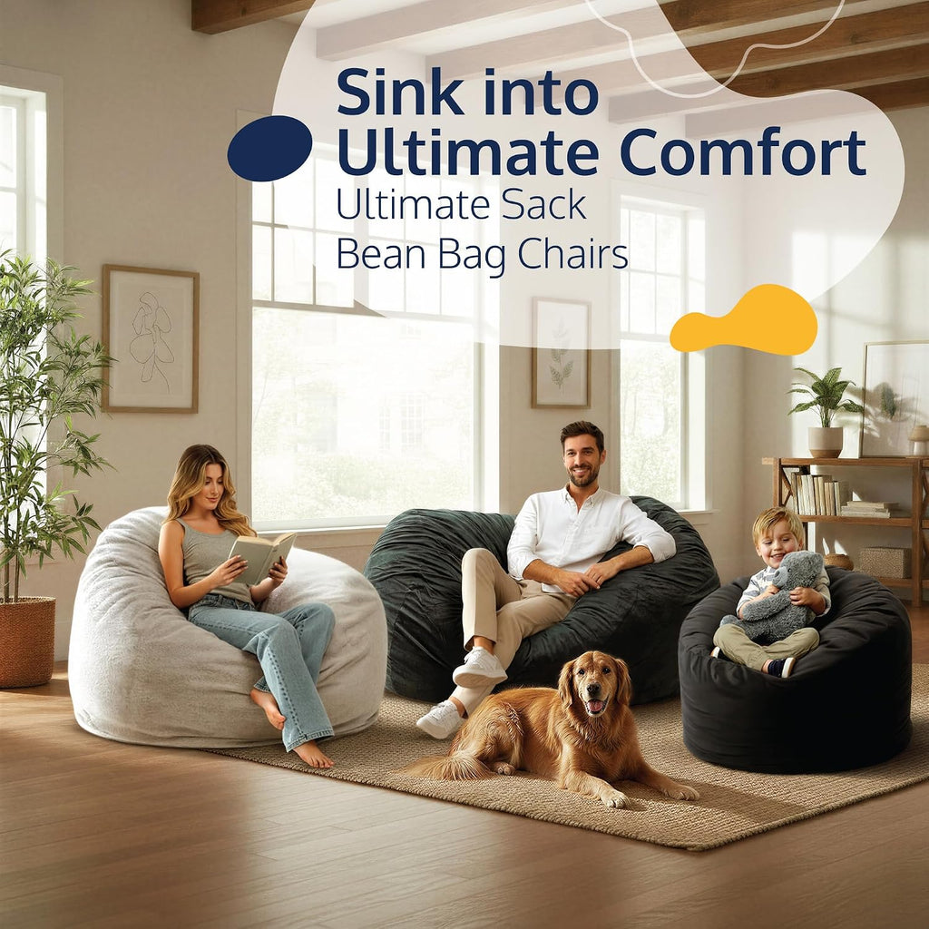 ULTIMATE SACK 6000 6-Foot Bean Bag Chair with Footstool, Black Suede Cover – Oversized Foam Lounger, Floor Seat, Small Sofa, or Couch Bed for Living Area, Gaming Room, or Reading Lounge