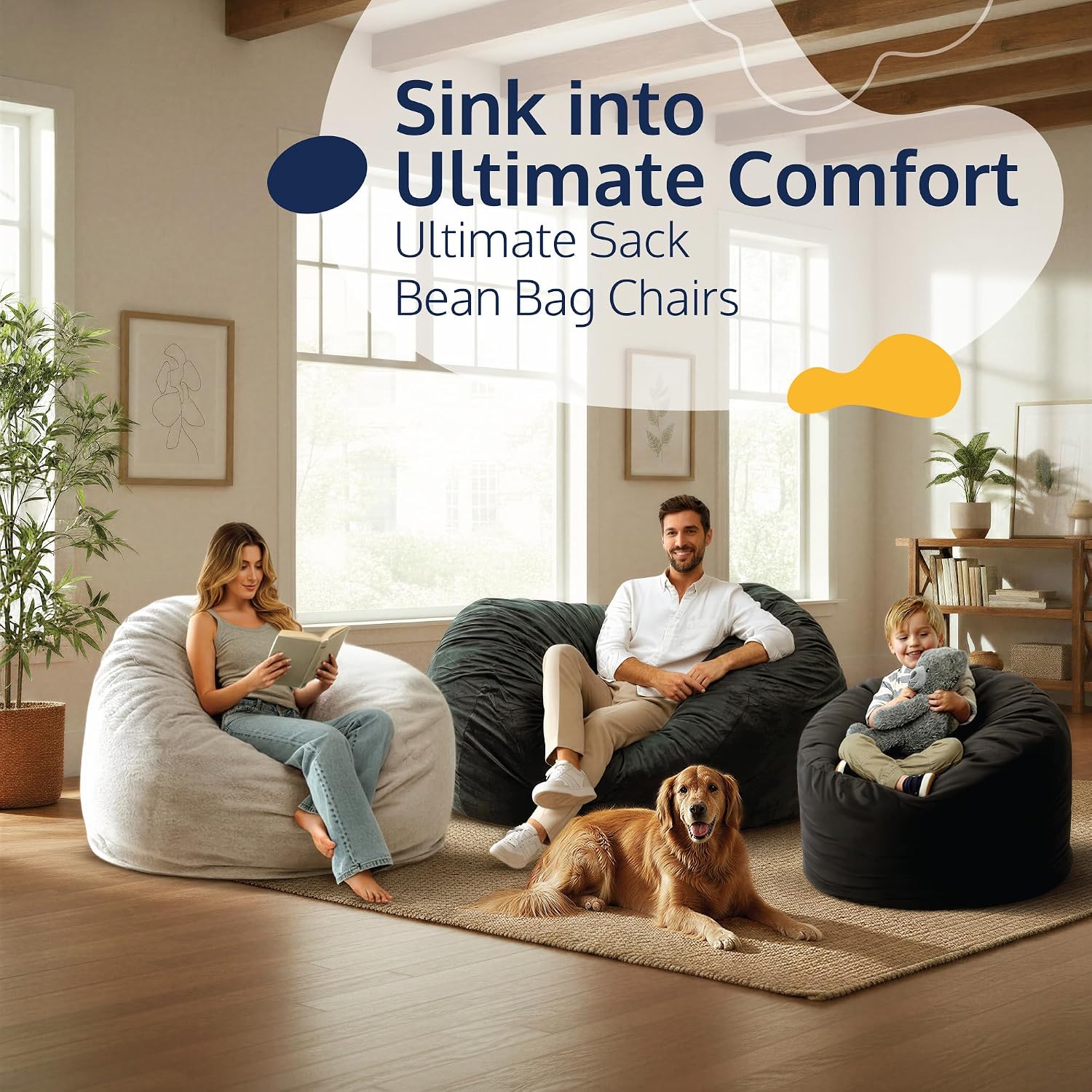 ULTIMATE SACK 6000 6-Foot Bean Bag Chair with Footstool, Black Suede Cover – Oversized Foam Lounger, Floor Seat, Small Sofa, or Couch Bed for Living Area, Gaming Room, or Reading Lounge