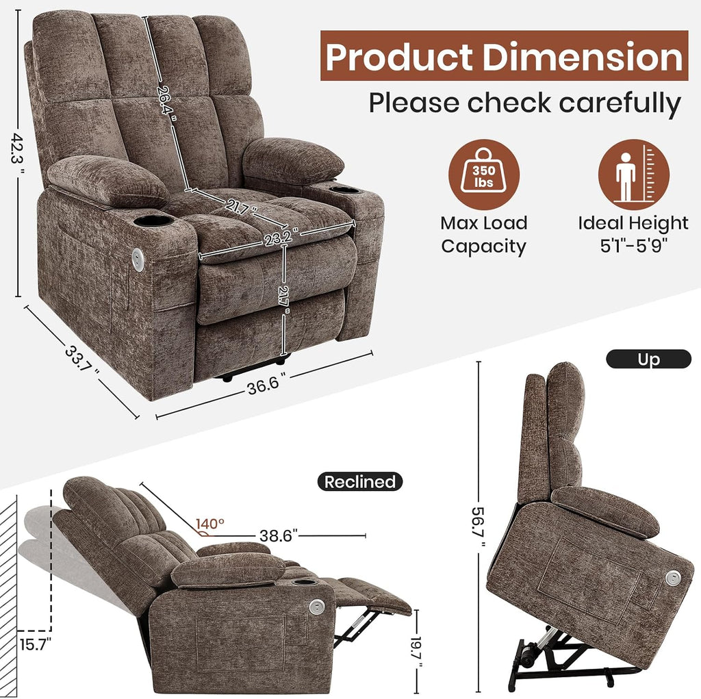 Medium Power Recliner Chair with Breathable Chenille Fabric, 20,000+ Rubs Durable Anti-Snag Seating, USB & Type-C Ports, Dual Remotes, Brown