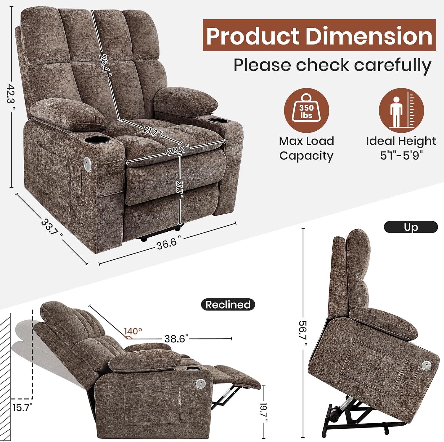 Medium Power Recliner Chair with Breathable Chenille Fabric, 20,000+ Rubs Durable Anti-Snag Seating, USB & Type-C Ports, Dual Remotes, Brown