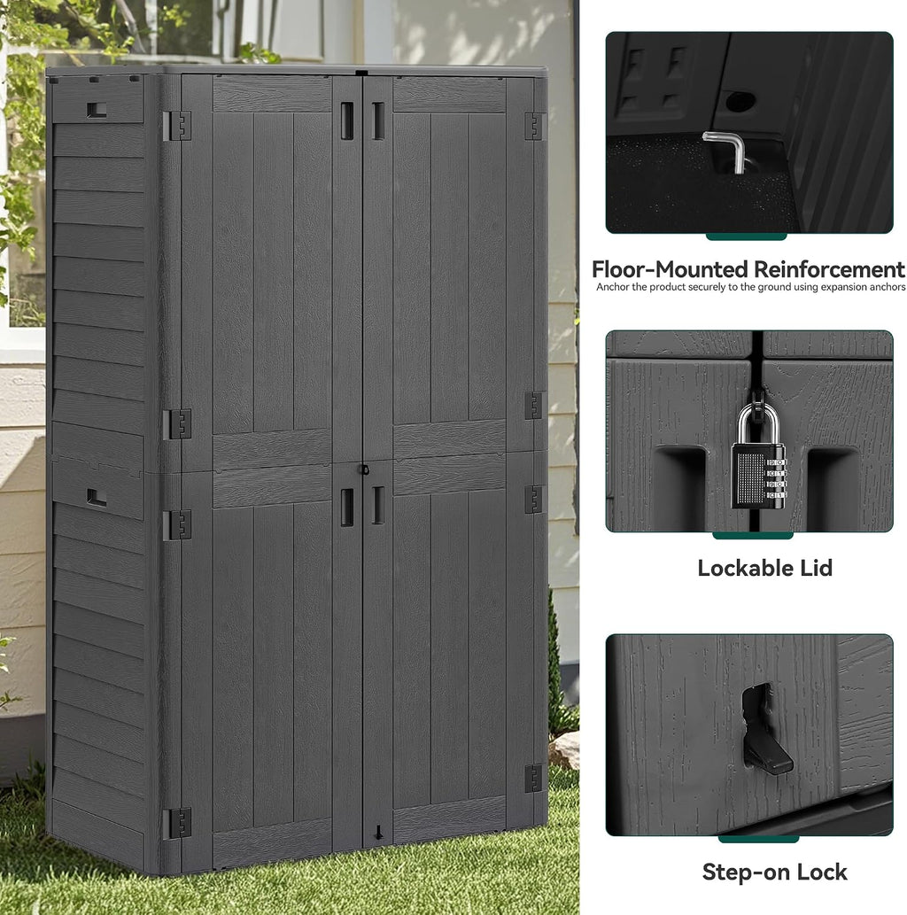 YITAHOME 60 cu ft Tall Outdoor Storage Shed w/o Shelf, Resin Vertical Outdoor Storage Shed, Large Waterproof Storage Cabinet for Garage, Poolside, and Garden (Dark Gray + Black)