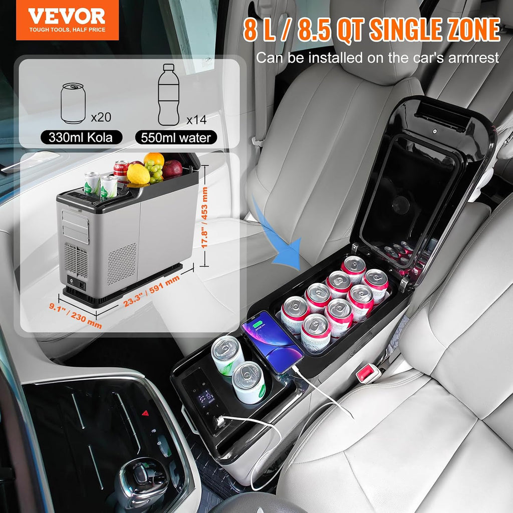 VEVOR Car Refrigerator, 12 Volt Car Armrest Refrigerator Fridge, 15 L Single Zone Portable Freezer, -4℉-68℉ Adjustable Range, 12/24V DC and 100-240V AC Compressor Cooler for Outdoor, Camping