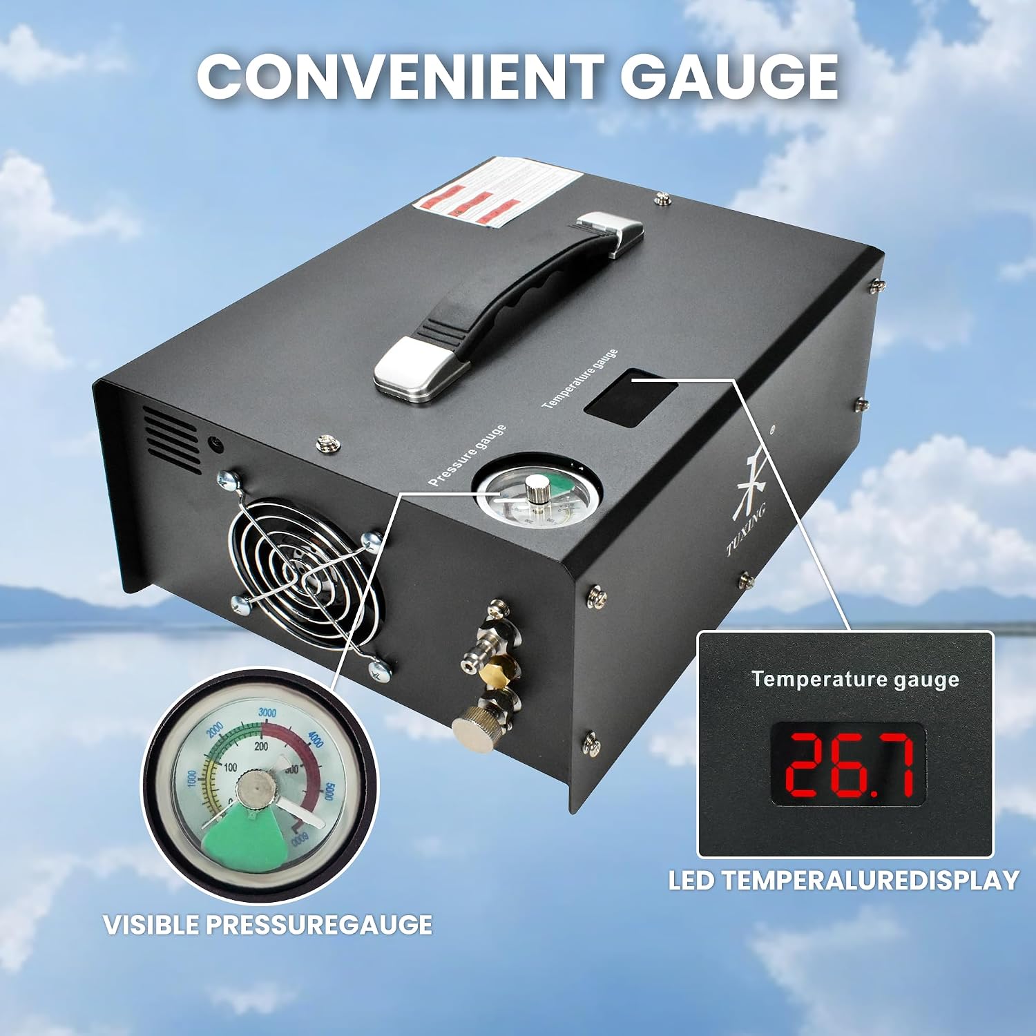 TUXING Portable PCP Air Compressor, 4500Psi/30Mpa, Auto Stop,Built-in Converter Powered by Car 12V DC or Home 110V AC,Paintball Tank Compressor with Extra Moisture-Oil Separator