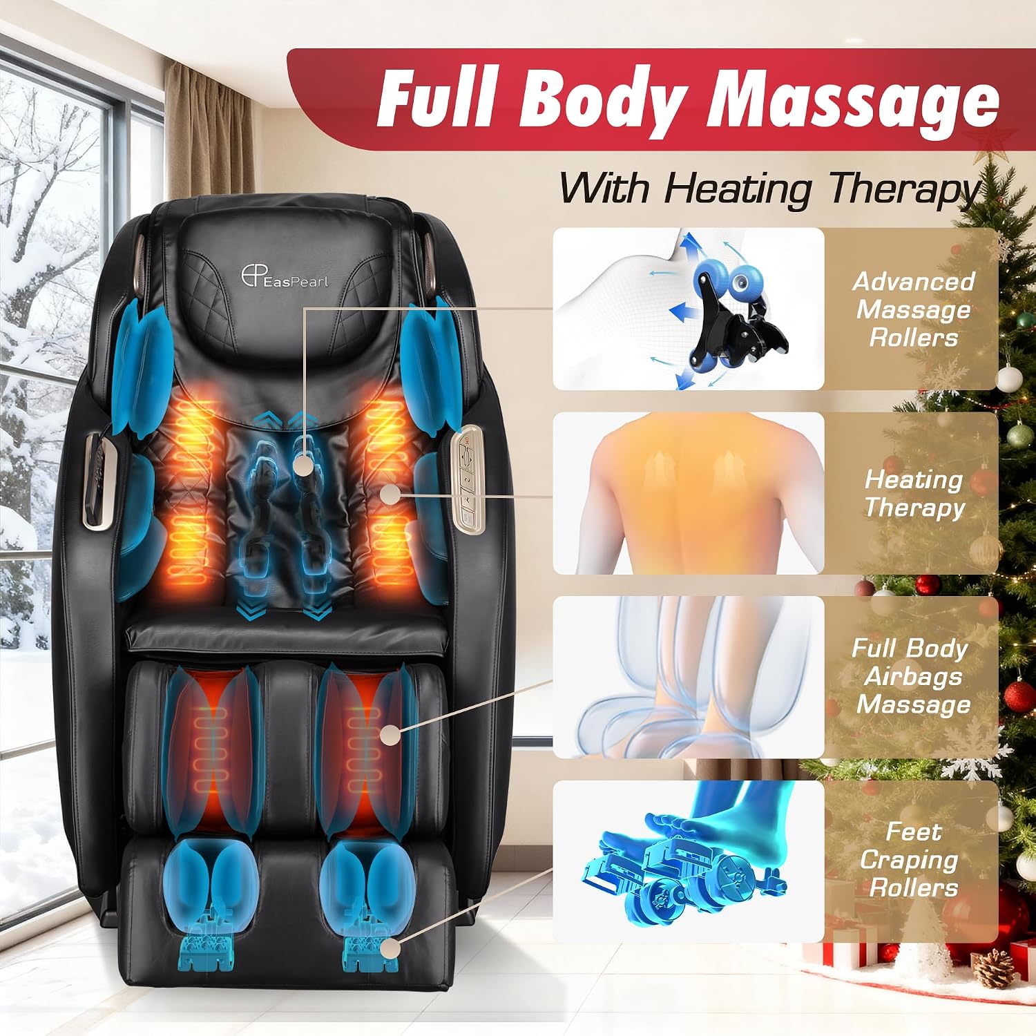 EASPEARL 2026 Massage Chair Full Body,SL-Track,165°Zero Gravity Massage with Full Body Heat,APP Control,Airbags,Bluetooth Speaker,12 Auto Modes,3-Row Foot Rollers,Body Scan(Black)