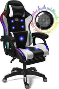 Enhance Your Gaming Experience with Our Ergonomic Reclining Gaming Chair with RGB LED Lights, Massage and Dual Speakers - Perfect for Adults, Teens and Kids! (Black + White)