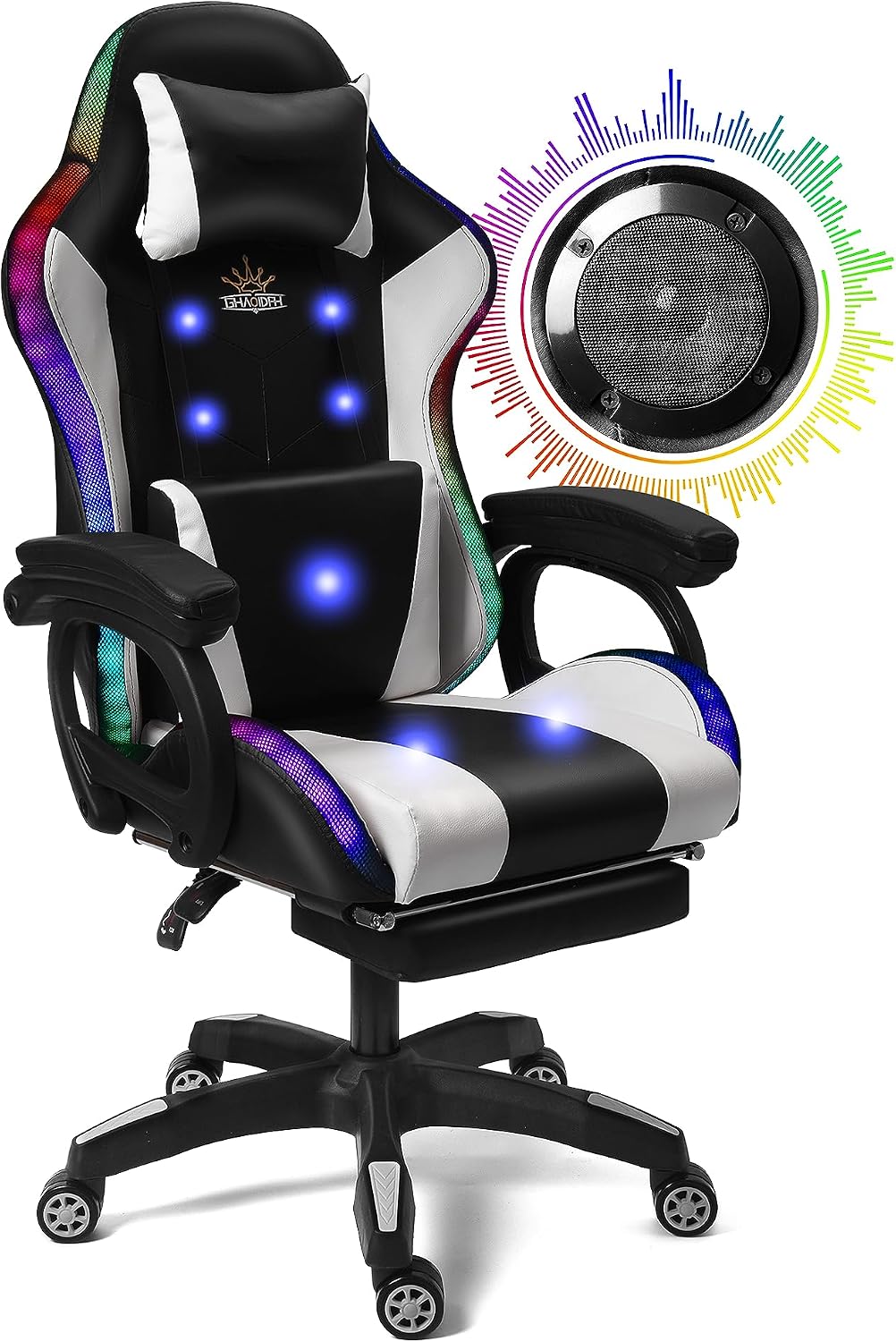 Enhance Your Gaming Experience with Our Ergonomic Reclining Gaming Chair with RGB LED Lights, Massage and Dual Speakers - Perfect for Adults, Teens and Kids! (Black + White)