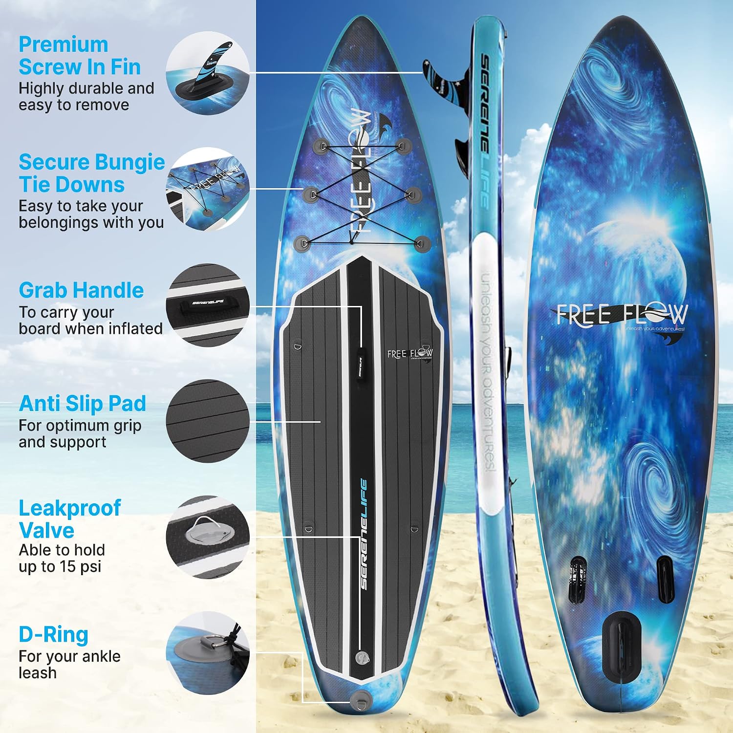 SereneLife Inflatable Stand Up Paddle Board Set - SUP with 32' Wide Stable Design, Includes Detachable Seat, 3-Shaft Paddle, Electric Paddle Board Pump, Non-Slip EVA Deck - 350 lbs Capacity