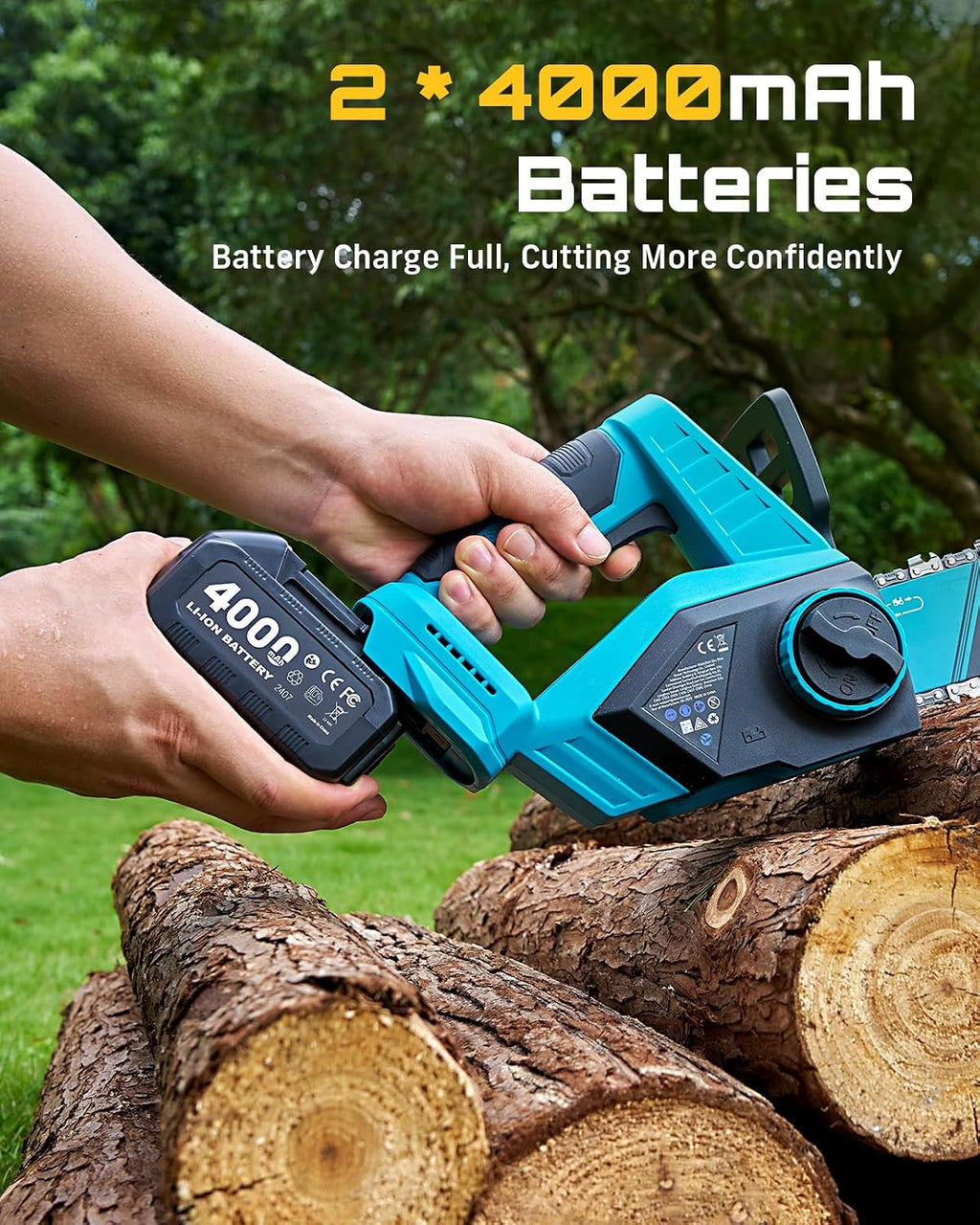SEESII Electric Chainsaw Cordless 12-inch, Handheld Chain Saws with 2 x 4.0Ah Battery, Tree Saw with Tool-free Chain Tension, Auto Oiling for Wood Cutting Trimming Branch