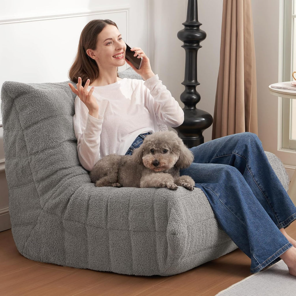 Bean Bag Chair Big Sofa Beanbag Chair for Adults Fireside Chair Bean Bag Lounger with Memory Foam Filled for Home,Apartment or Gaming Venue(Lightgrey Teddy Single)