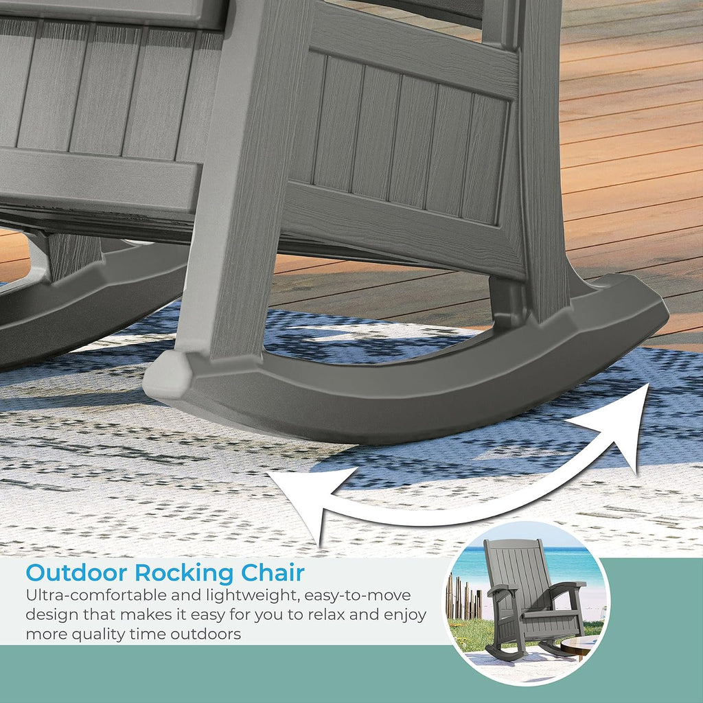 Suncast Outdoor Patio Rocking Chair with Under-Seat Storage, Stylish Faux Wood Outdoor Rocker for Patios, Dove Gray, Made in The USA