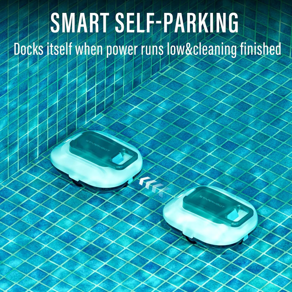 STARRYBOT Cordless Robotic Pool Cleaner with Dual high-Efficiency Motors Delivers Strong Suction, Smart Self-Parking,Smart LED Indicator,Pool Vacuum for Above-Ground Flat Pool up to 900 Sq.ft(White)
