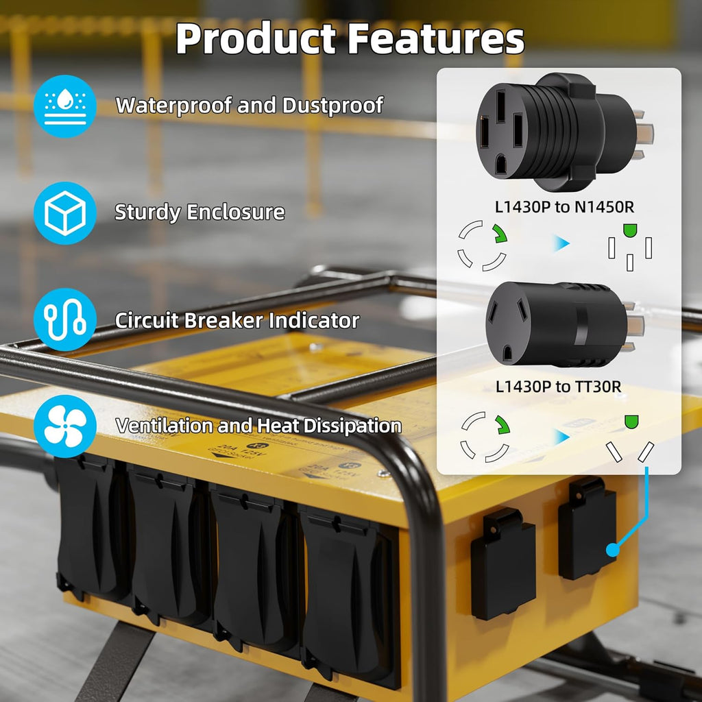 Joinfworld Power Distribution Box,50A 125V/250V NEMA SS2-50 CS6375 Inlet, 30A Circuit Breaker, Individually Controllable Sockets, Heavy - Duty Waterproof Enclosure with Cooling Fan