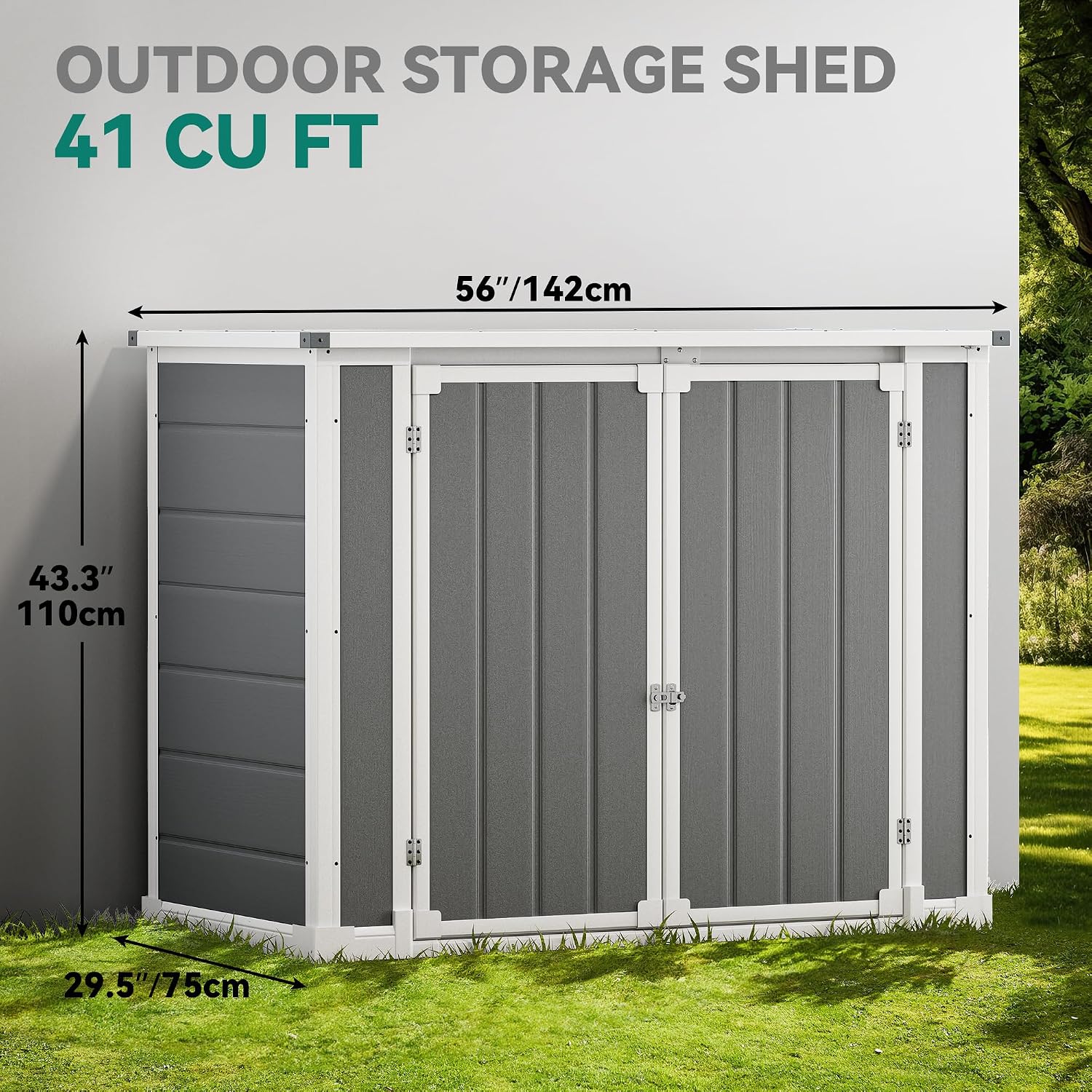DWVO 41 Cu.ft Horizontal Resin Storage Shed, All Weather 4.7x2.5 FT Outdoor Garden Shed with Hydraulic Struts, 3 Locks, Lockable to Floor for Garden Tools, Trash Cans, Gray