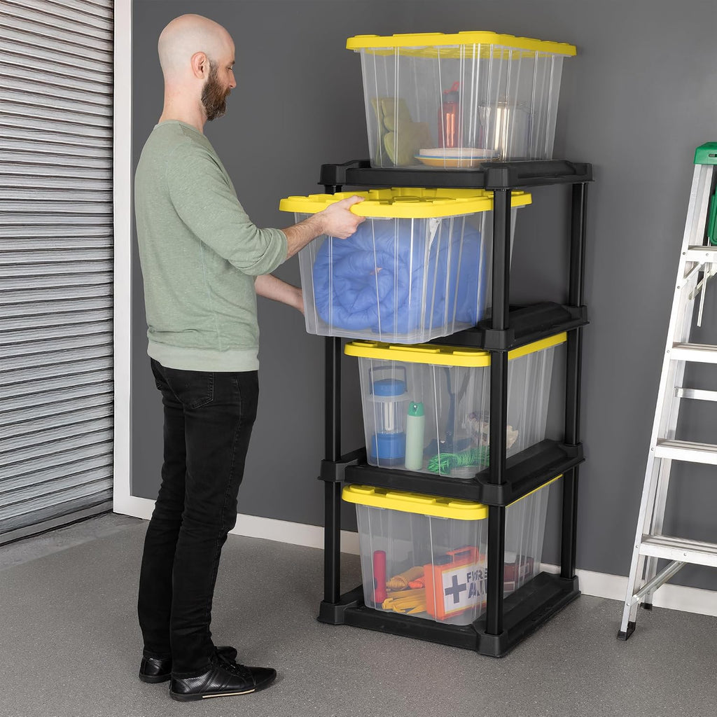 Sterilite 4 Tier Tote Rack, Vertical Plastic Organizer with 4 Pack 27 Gallon Industrial Storage Totes, Clear - for Garages, Workshops, or Basements