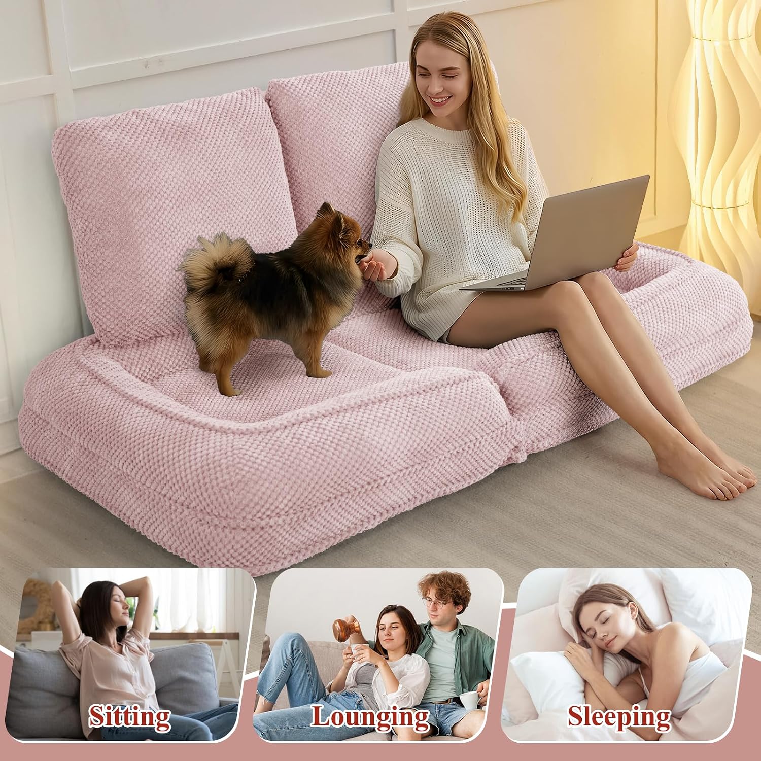 Human Dog Bed, Lazy Sofa Couch, Plush Floor Gaming Chair,5 Adjustable Position, sit, Sleep, fold, Suit to Put in Bedroom, Living Room,Space Saving Design (Pink)