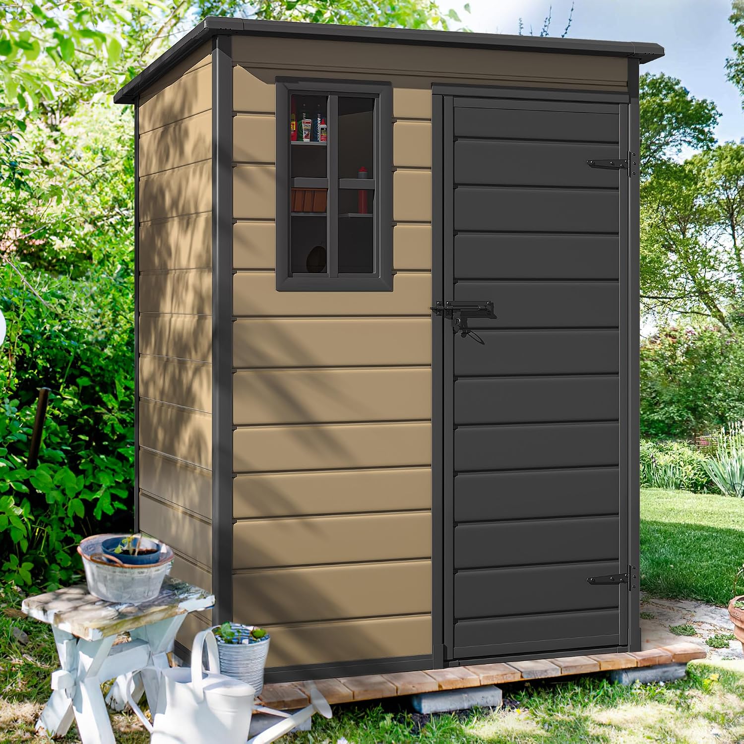DWVO 5x3ft Resin Outdoor Storage Shed with Floor, Waterproof Lockable Storage Shed with Window, Plastic Outside Tool Storage for Garden, Backyard, Patio, Lawn, Brown
