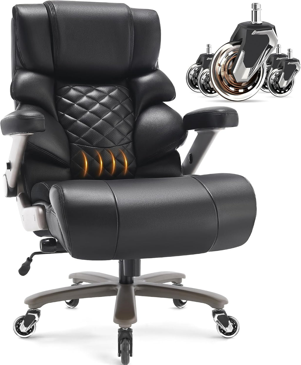 VUZI 700lbs Big and Tall Office Chair-Large Computer Chair with Adjustable Lumbar Support 3D Flip Arms Plus Size Wheels, High Back Executive Desk Chair, Heavy Duty Metal Base, Thick Padded Wide Seat