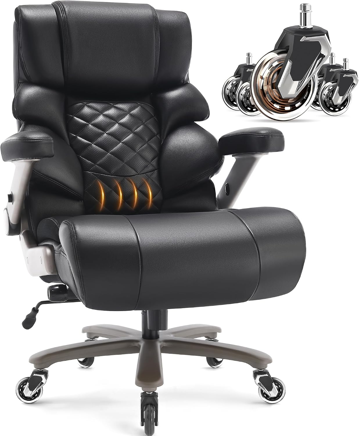 VUZI 700lbs Big and Tall Office Chair-Large Computer Chair with Adjustable Lumbar Support 3D Flip Arms Plus Size Wheels, High Back Executive Desk Chair, Heavy Duty Metal Base, Thick Padded Wide Seat