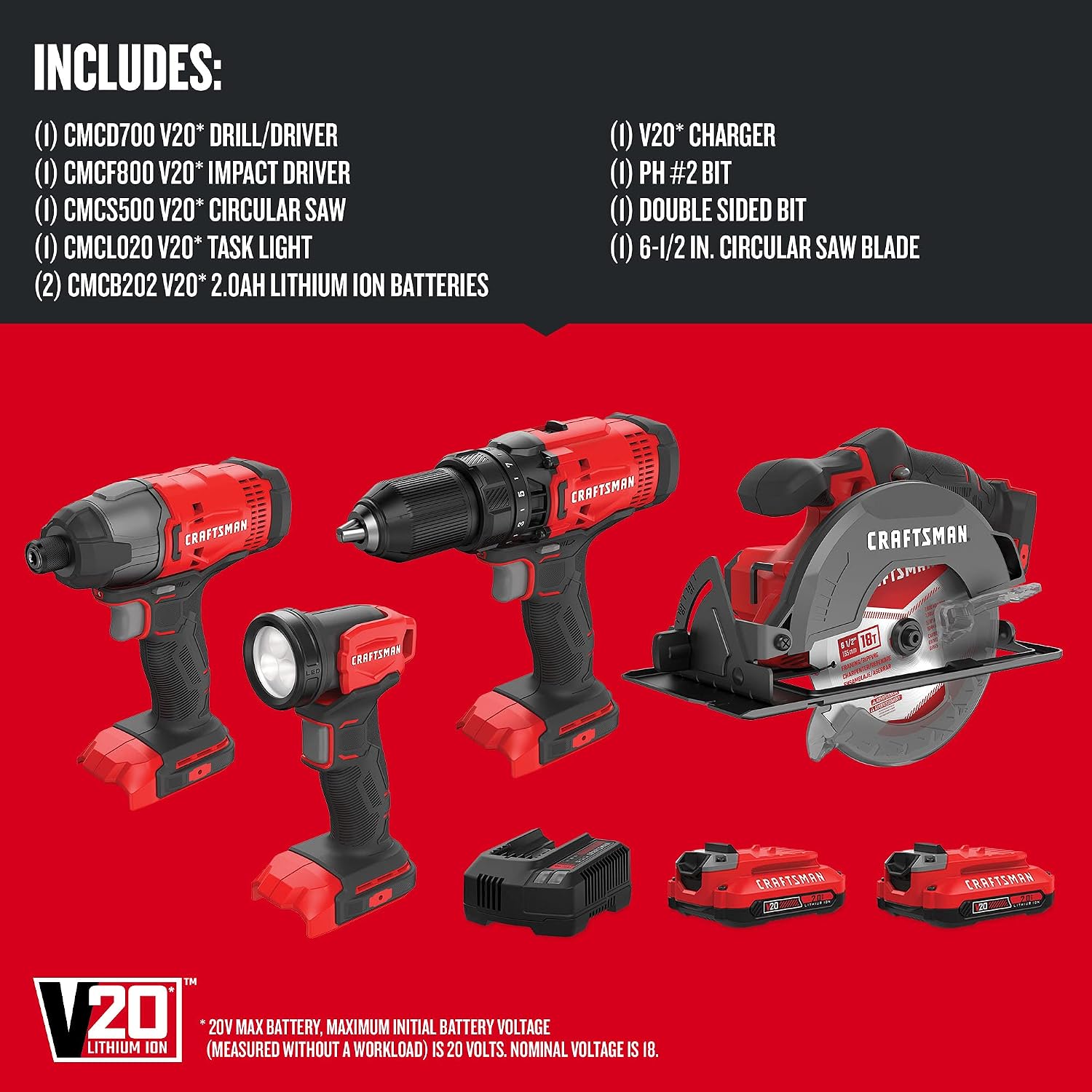 CRAFTSMAN V20 MAX Cordless Power Tool Kit, Circular Saw with 6 1/2 inch Blade, 1/4 inch Impact Driver, 1/2 inch Drill/Driver, LED Task Light, Battery and Charger Included (CMCK401D2AM)