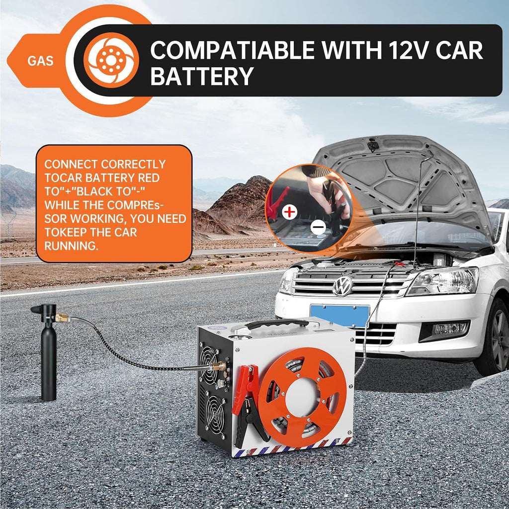 PCP Air Compressor, Portable 4500 PSI/300 Bar Air Pump, supports 12V DC or 120V/220V AC, Auto-stop, oil-free/water-free design, for Paintball, Air Rifle, HPA Tanks