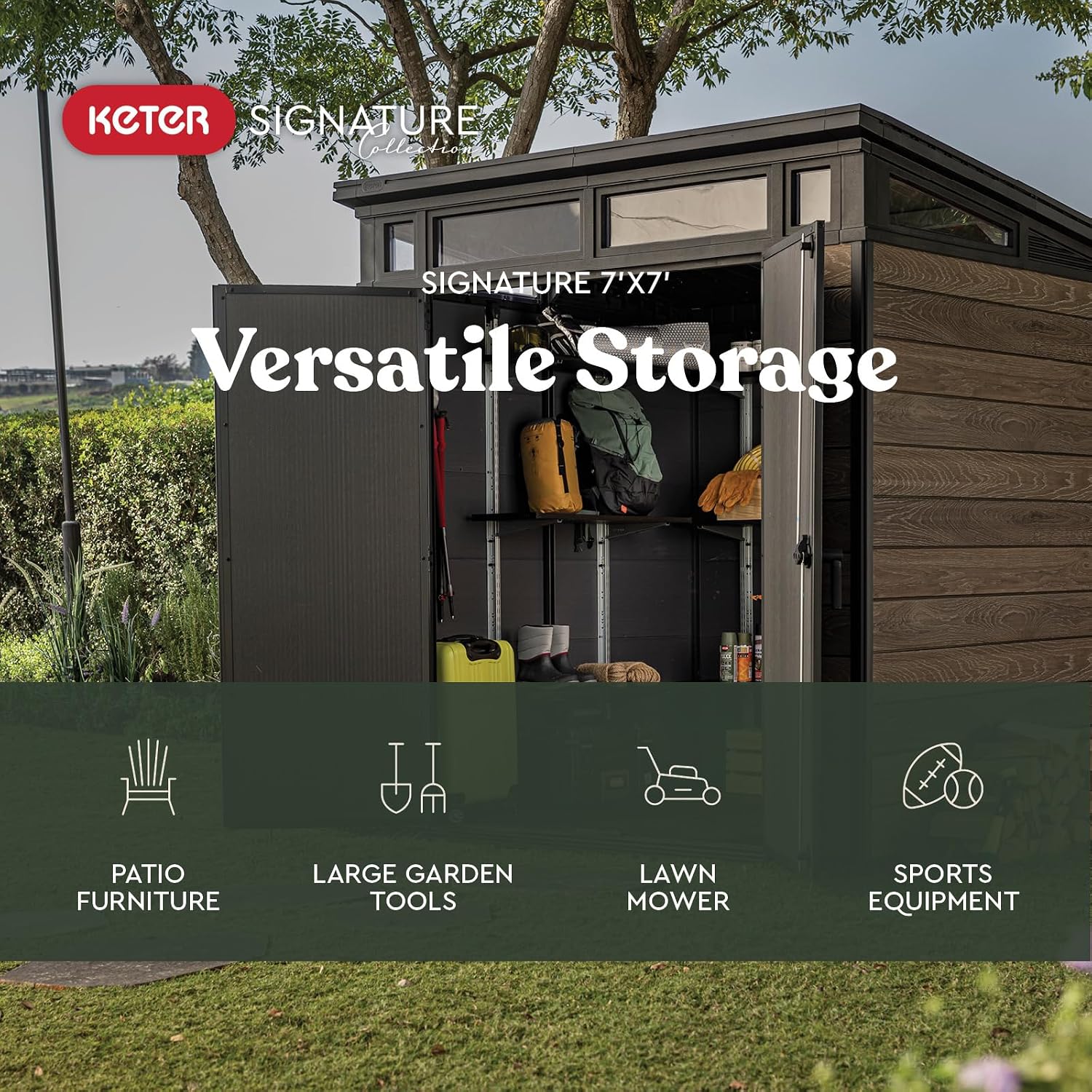 Keter Signature Collection 7x7 Ft All-Weather Storage Shed with Skylight, Window, Built-in Ventilation, & Lockable Double Doors, Walnut
