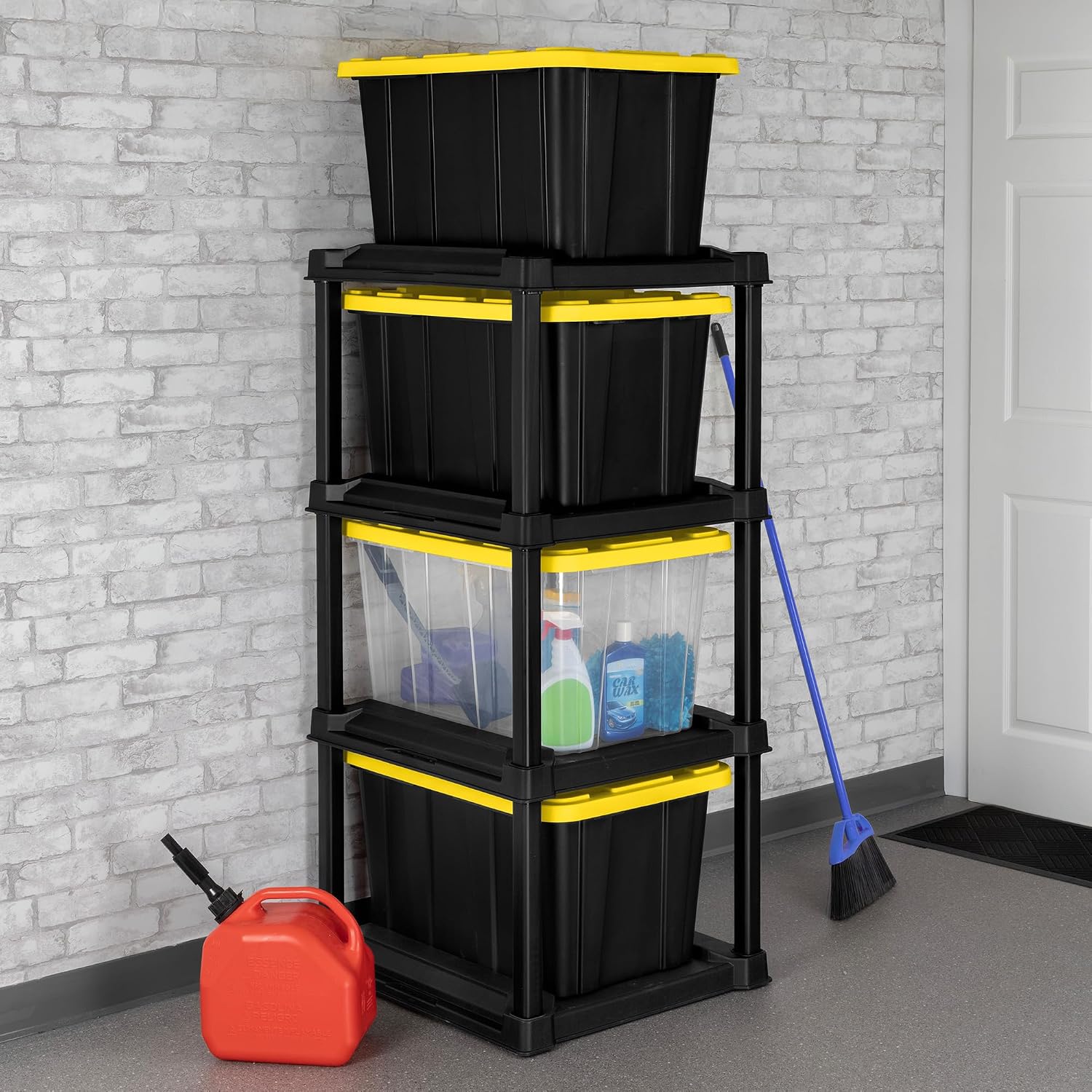 Sterilite 4 Tier Tote Rack, Vertical Plastic Organizer with 4 Pack 27 Gallon Industrial Storage Totes, Black - for Garages, Workshops, or Basements