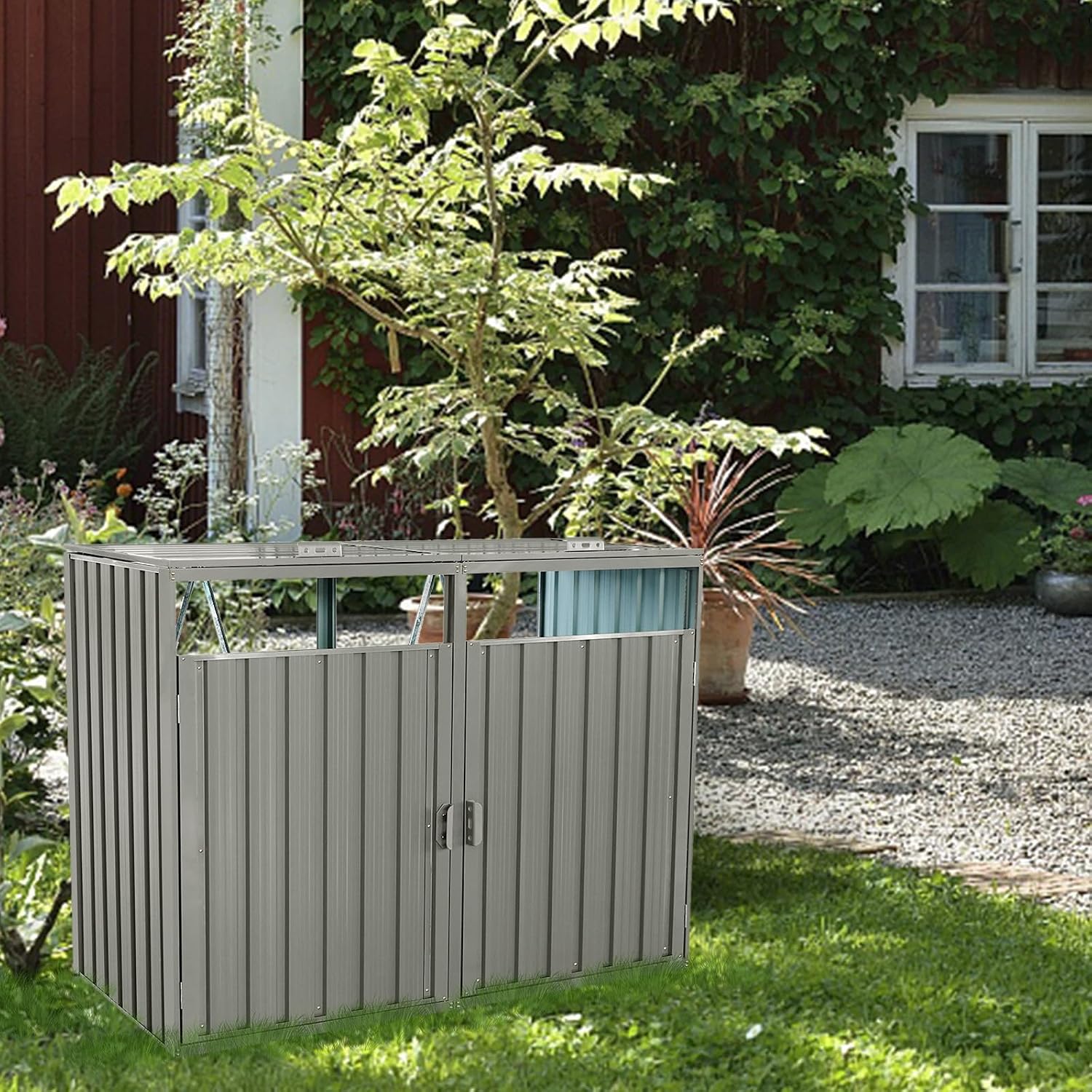 Outdoor Metal Garbage Bin Shed for 2 Trash Cans, Lockable Galvanized Steel Storage Enclosure, Weatherproof and Rust-Resistant Trash Can Cover for Garden, Yard, or Driveway, Grey