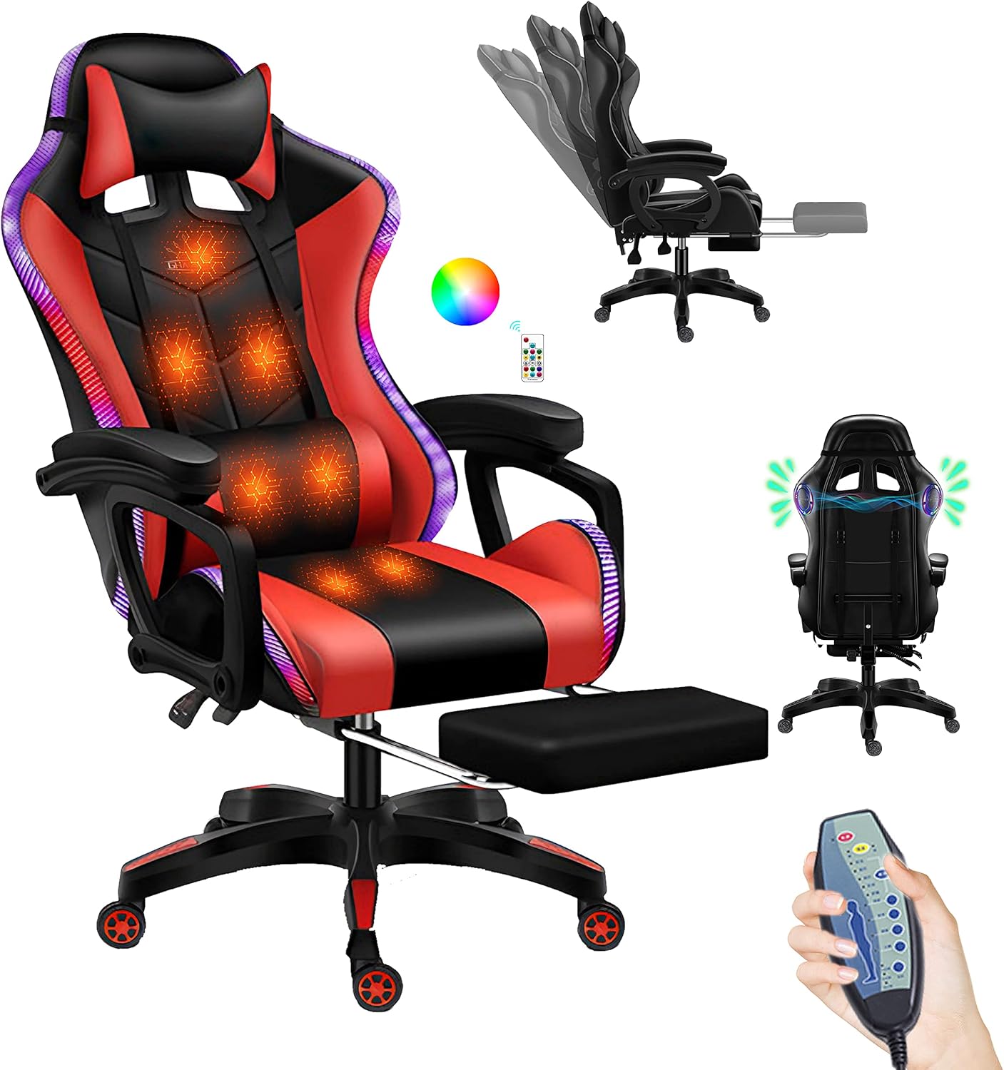 Gaming Chair, Gaming Chair with 7-Point Massage Function, Computer Chair with Speakers and RGB Lights, Ergonomic Racing Chair, Gaming Chair for Adults with Headrest and Lumbar Pillow.,Red