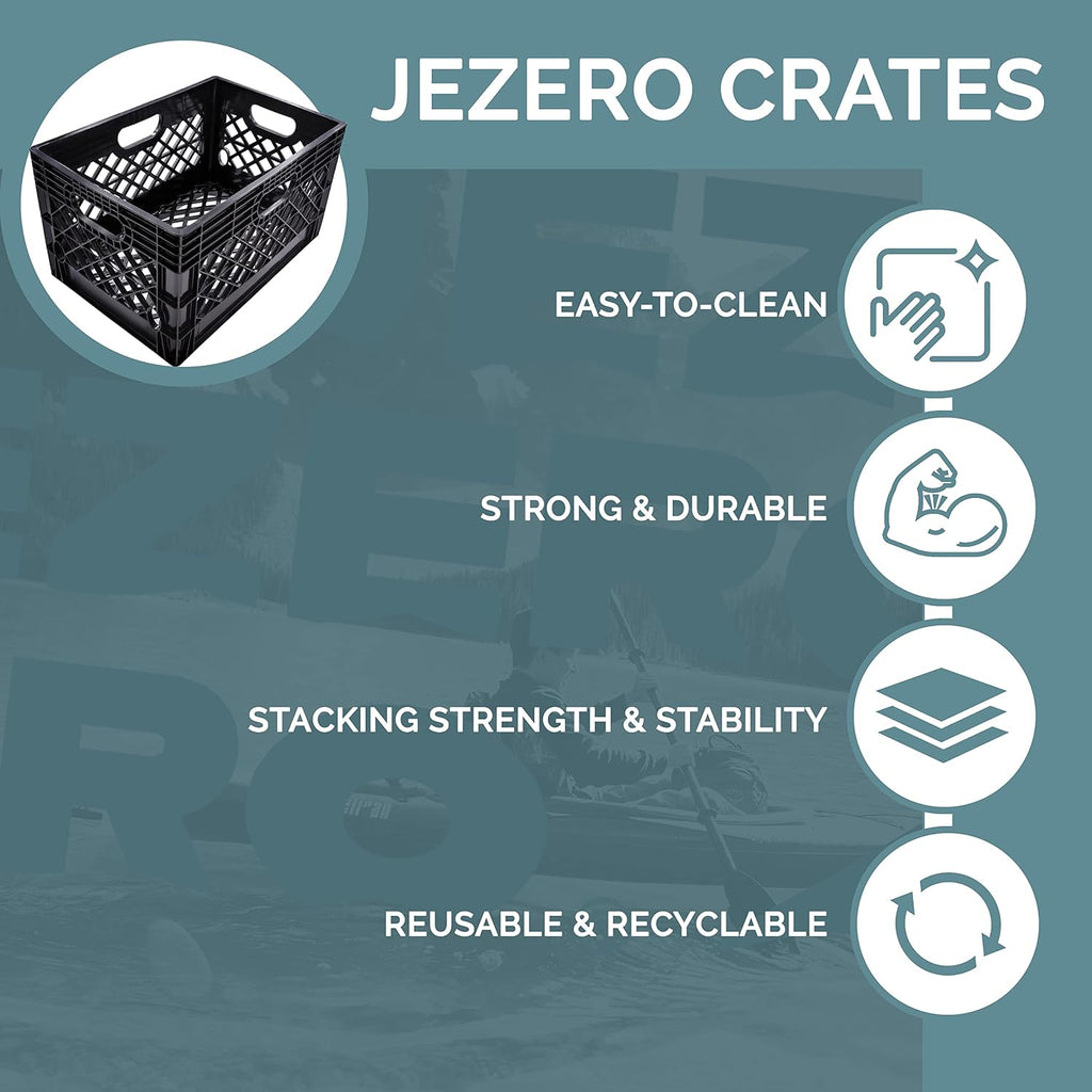 JEZERO 24 Quart 3-Pack Heavy Duty Plastic Crate | Stackable Multi-Purpose Storage Bin for Garage, Home, Office, Groceries, Outdoor, Camping & Kayaking | Black Utility Tote, 19' x 13' x 11'