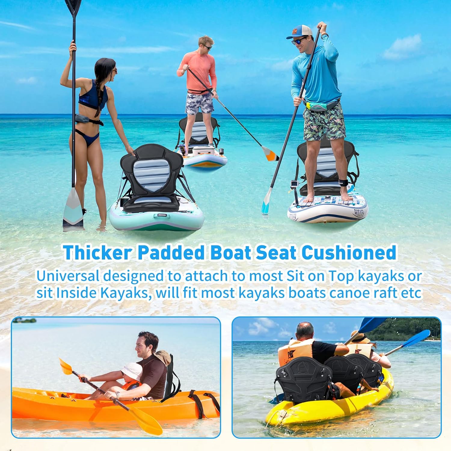 Kayak Seat Deluxe Padded Fishing Boat Seat Deluxe Sit-On-Top Canoe Seat Cushioned - Comfortable Backrest Support Universal Sit with Adjustable Back Strap Detachable Storage Bag