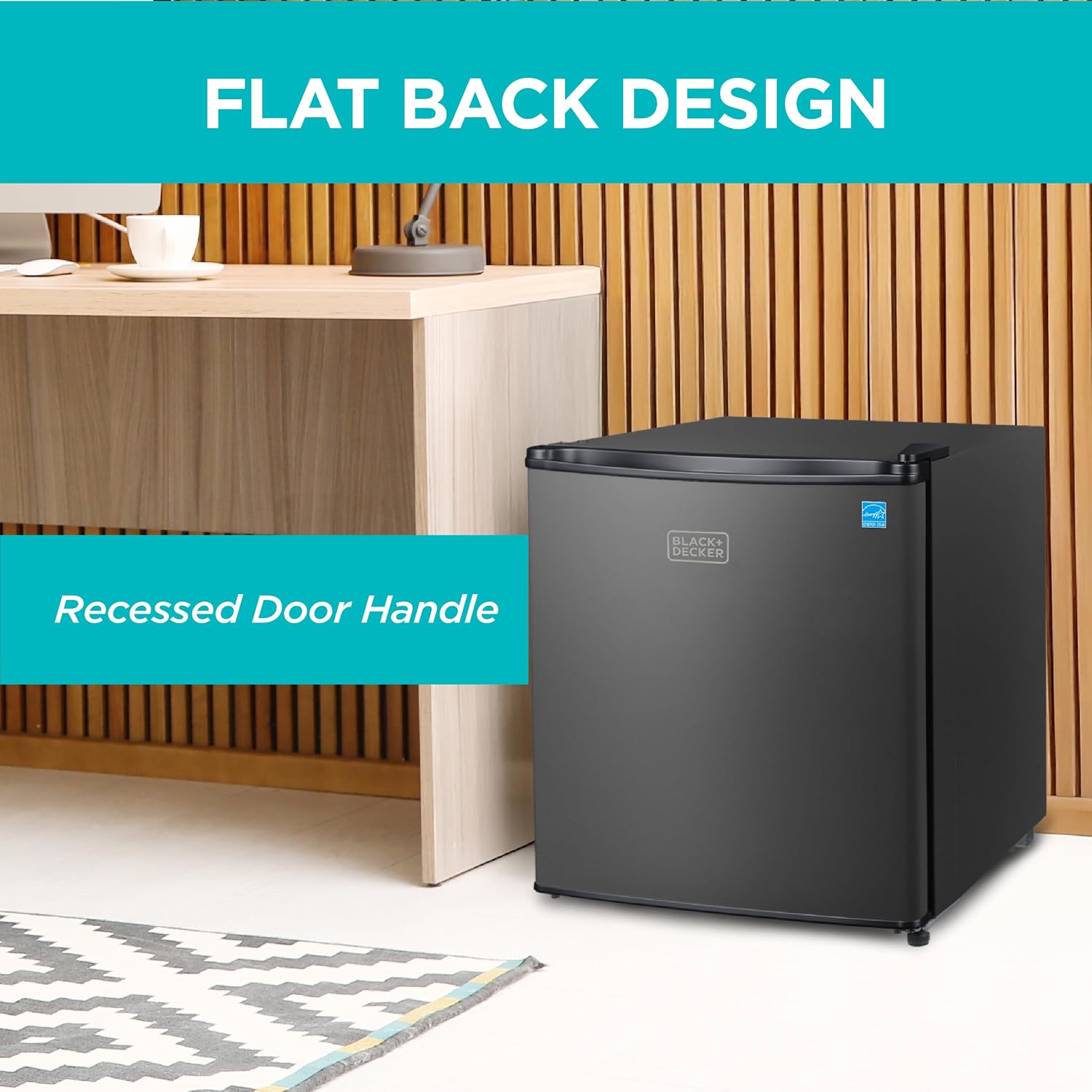 BLACK+DECKER 1.7 Cu. Ft. Compact Refrigerator, ENERGY STAR Certified, Single Door Mini Fridge with Chiller Compartment, Personal Fridge for Home or Dorm Room, R600a Refrigerant, BCRK17B, Black