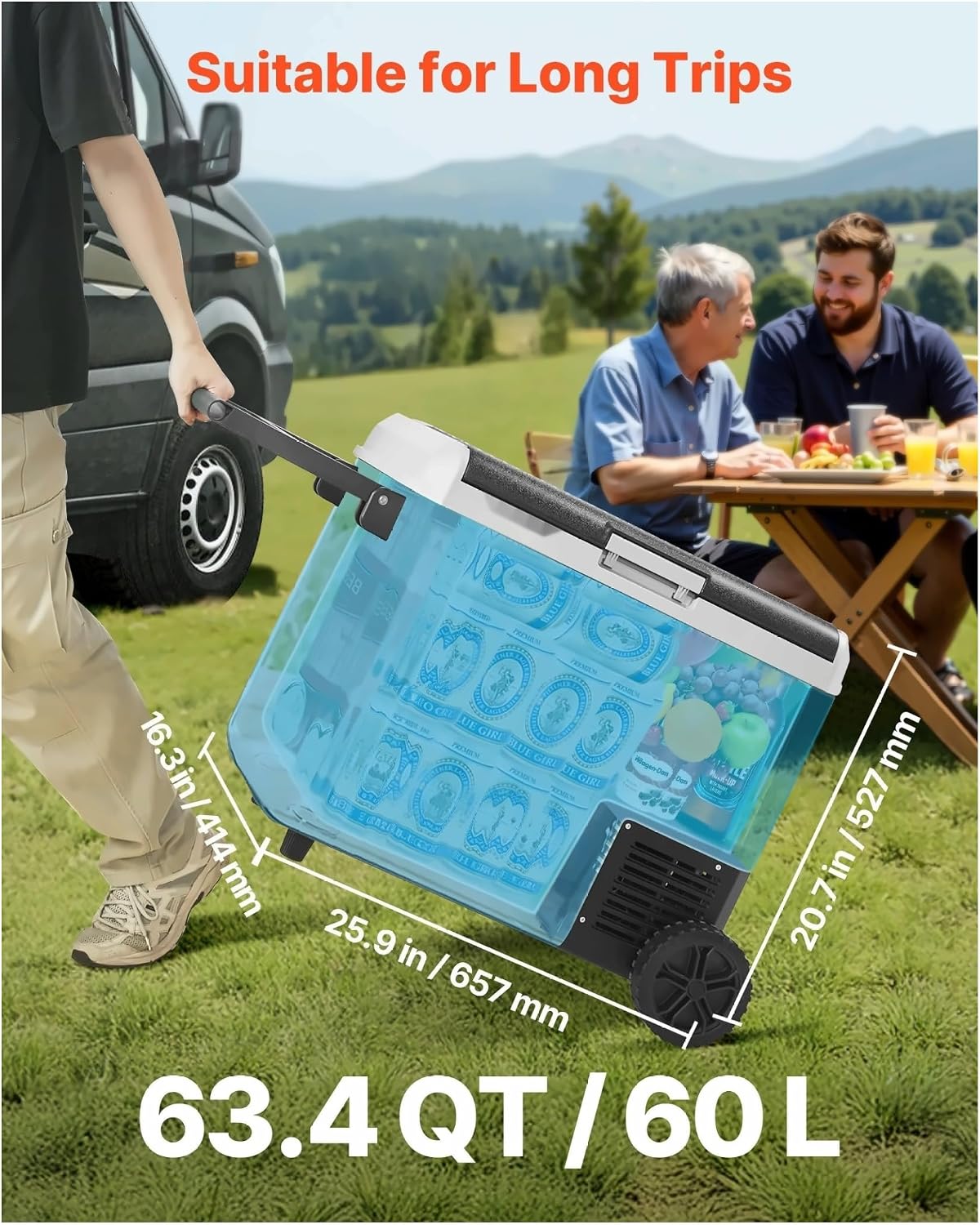 12 Volt Car Refrigerator 63.4QT, Portable Fridge Freezer, -4°F~68°F, 12/24V DC & 110-240V, Compressor Cooler for Camping, RV, Travel with Wheels