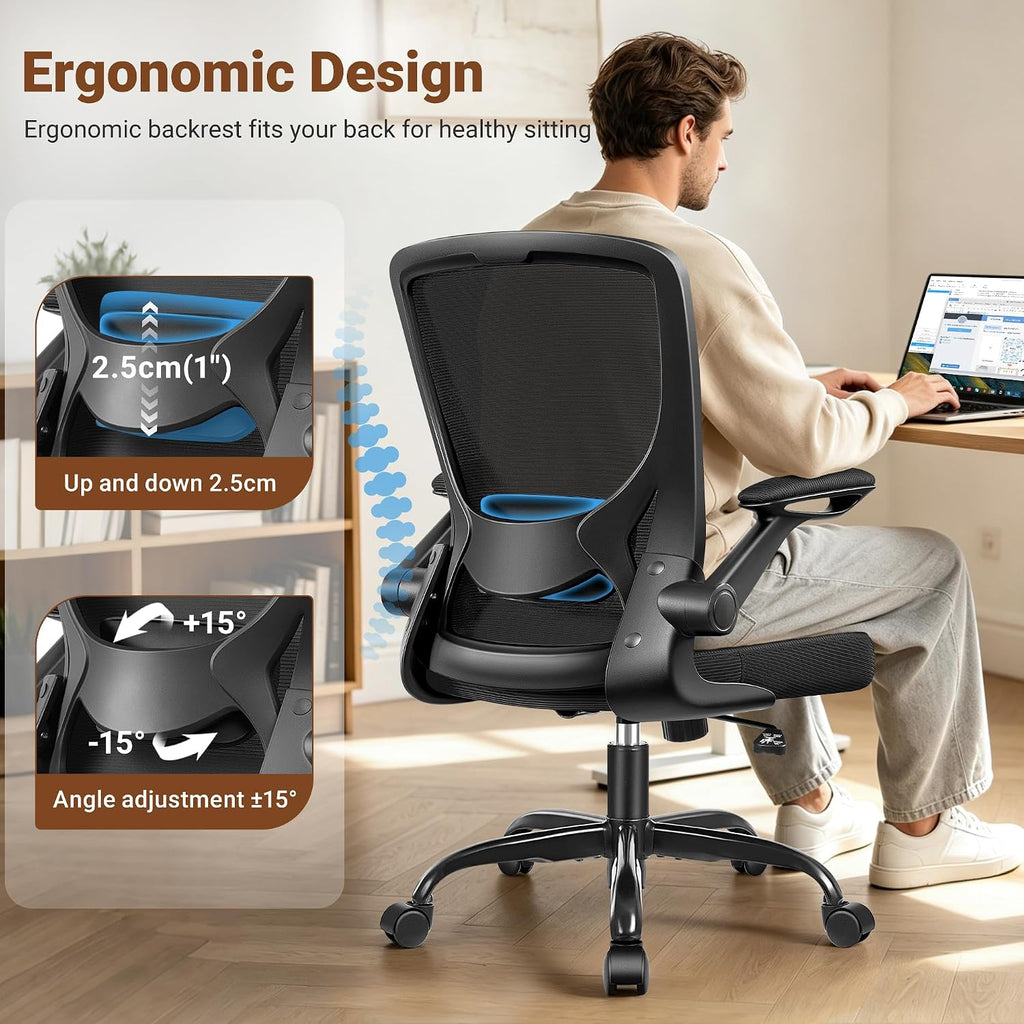 BESTFAIR Ergonomic Office Chair, Mesh Computer Desk Chairs with Lumbar Support, Swivel Desk Chair with Flip-up Arms and Adjustable Height, Black, 2-Pack