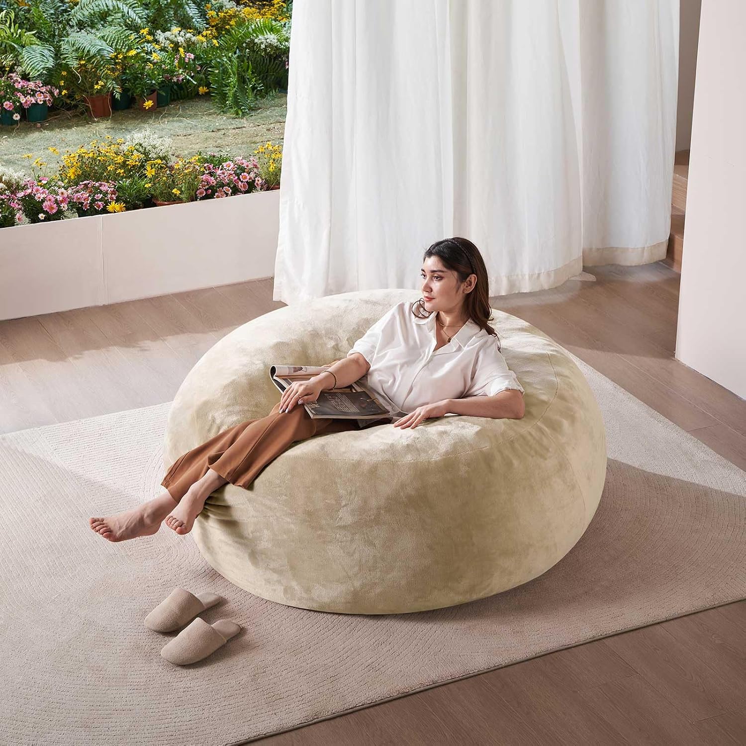 SANAE Oversized 5FT Memory Foam Bean Bag Chair for Adults - Apricot Corduroy Fabric with Filling, Supportive & Washable Plush Movie Night Beanbag, Giant Lounge Chair for Bedroom/Classroom/Dorm