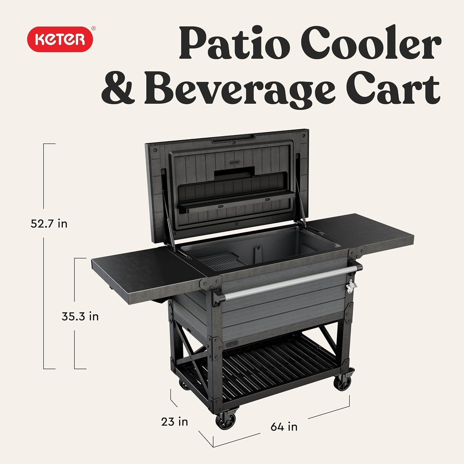 Keter 89.8 Qt Portable Outdoor Patio Cooling Chest, Ice Chest Beverage Party Bar Cart Table with Swivel Wheels, Shelves, and Bottle Opener, Graphite