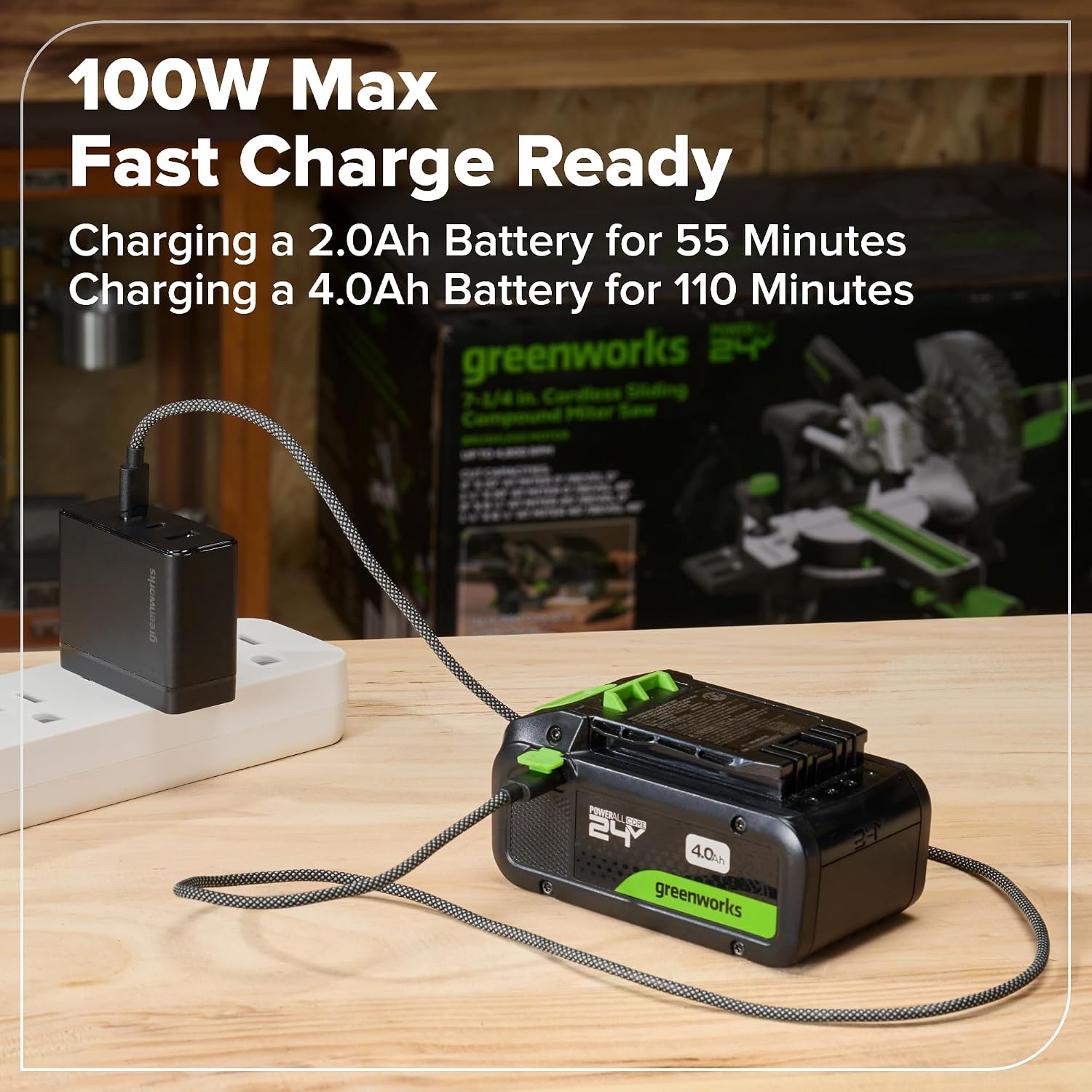 GREENWORKS 24V Combo (1/2' Drill + 1/4' Impact Driver + 6.5' Circular Saw + 200Lm Flashlight), 4.0Ah + 2.0Ah Batteries (24,000mAh PB), (2) Braided Cables, 65W Rapid Charger,High-Efficiency