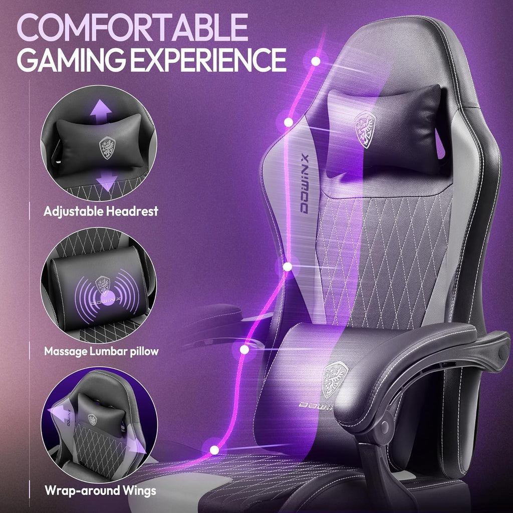 Dowinx Gaming Chair with Massage Lumbar Support and Footrest, Video Game Chair for Adults, Adjustable Ergonomic Gamer Chairs High Back with Pocket Spring Cushion, Swivel Recliner with Headrest, Grey