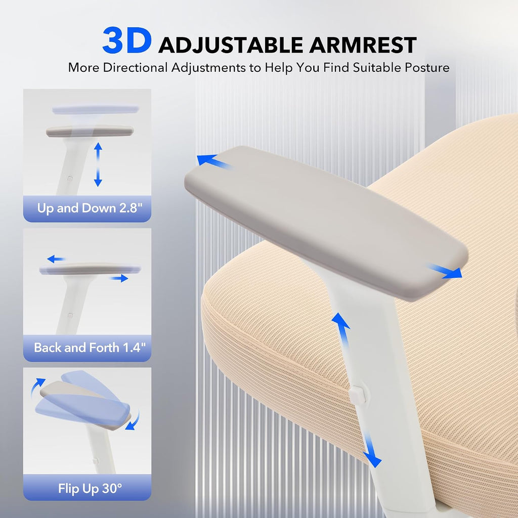 Office Chair Ergonomic Desk Chair - Home Mesh Office Desk Chair with Adjustable Lumbar Support, High-Back Computer Gaming Chair with Headrest 3D Armrests, Rolling Swivel Task Chairs for Home, Office