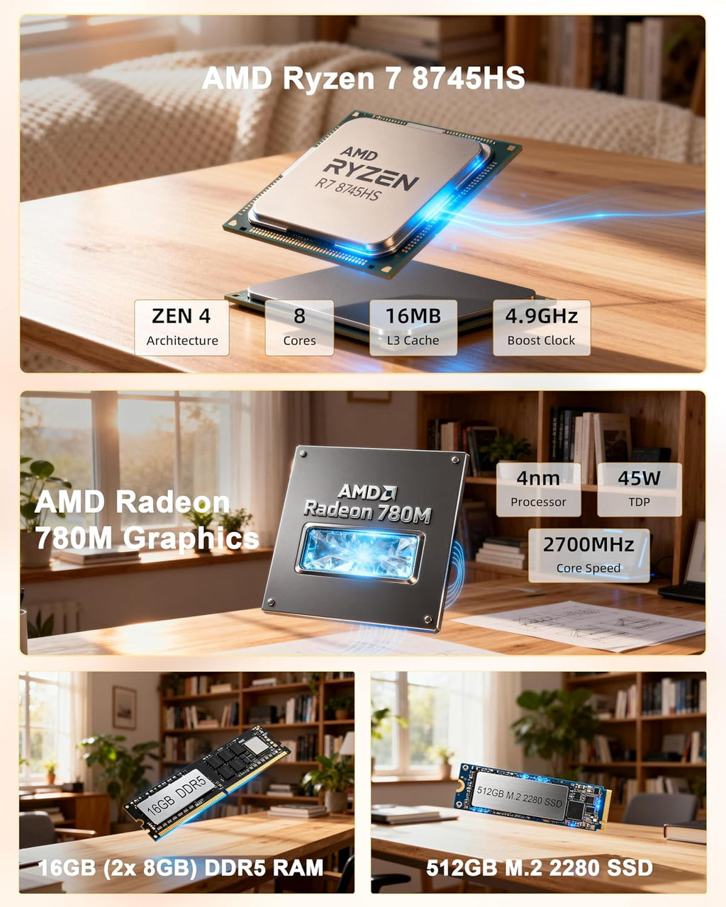 Mini Gaming PC, AMD Ryzen 7 8745HS (8C/16T, Up to 4.9GHz), 16GB DDR5 5600MHz RAM, 512GB PCIe SSD, Radeon 780M, USB4, Triple 4K Display, WiFi 6, BT5.2, 2.5G LAN, Mini Desktop Computer