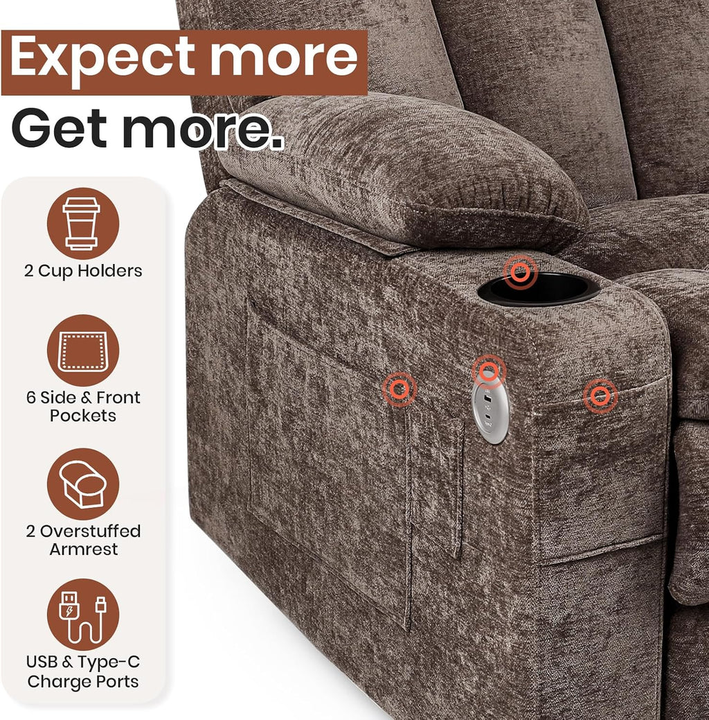 Oversized Power Recliner Chair with 26' Wide Seat for Big and Tall, 20,000+ Rubs Durable Chenille Fabric, USB & Type-C Charging, Dual Remotes, Brown